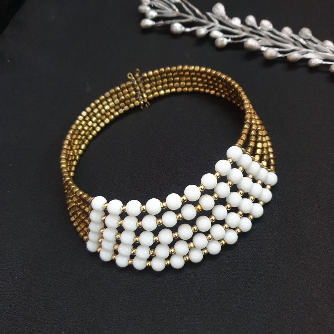 White Beaded Adjustable Choker Necklace