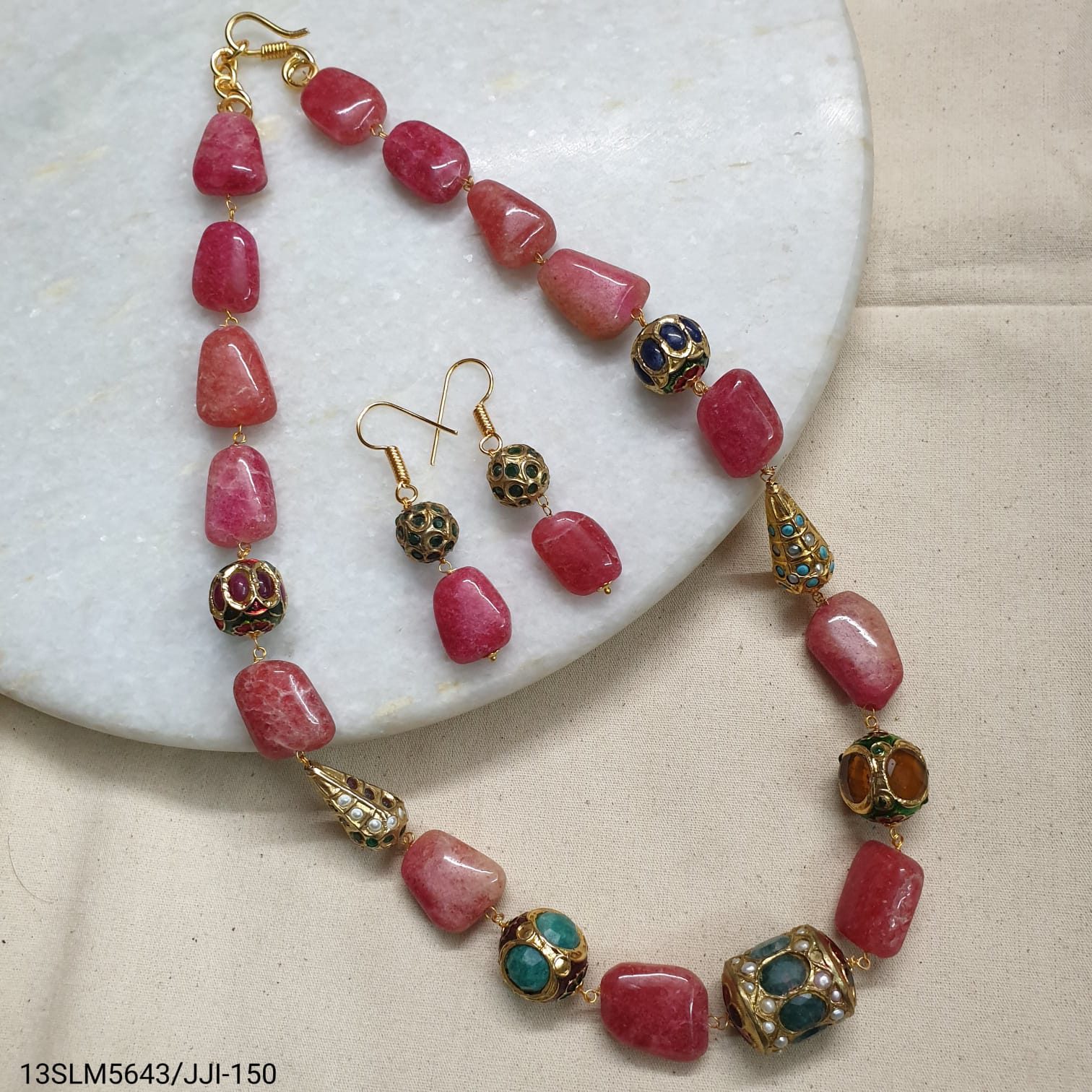 Ruby Stone Jadau Bead Necklace With Earrings
