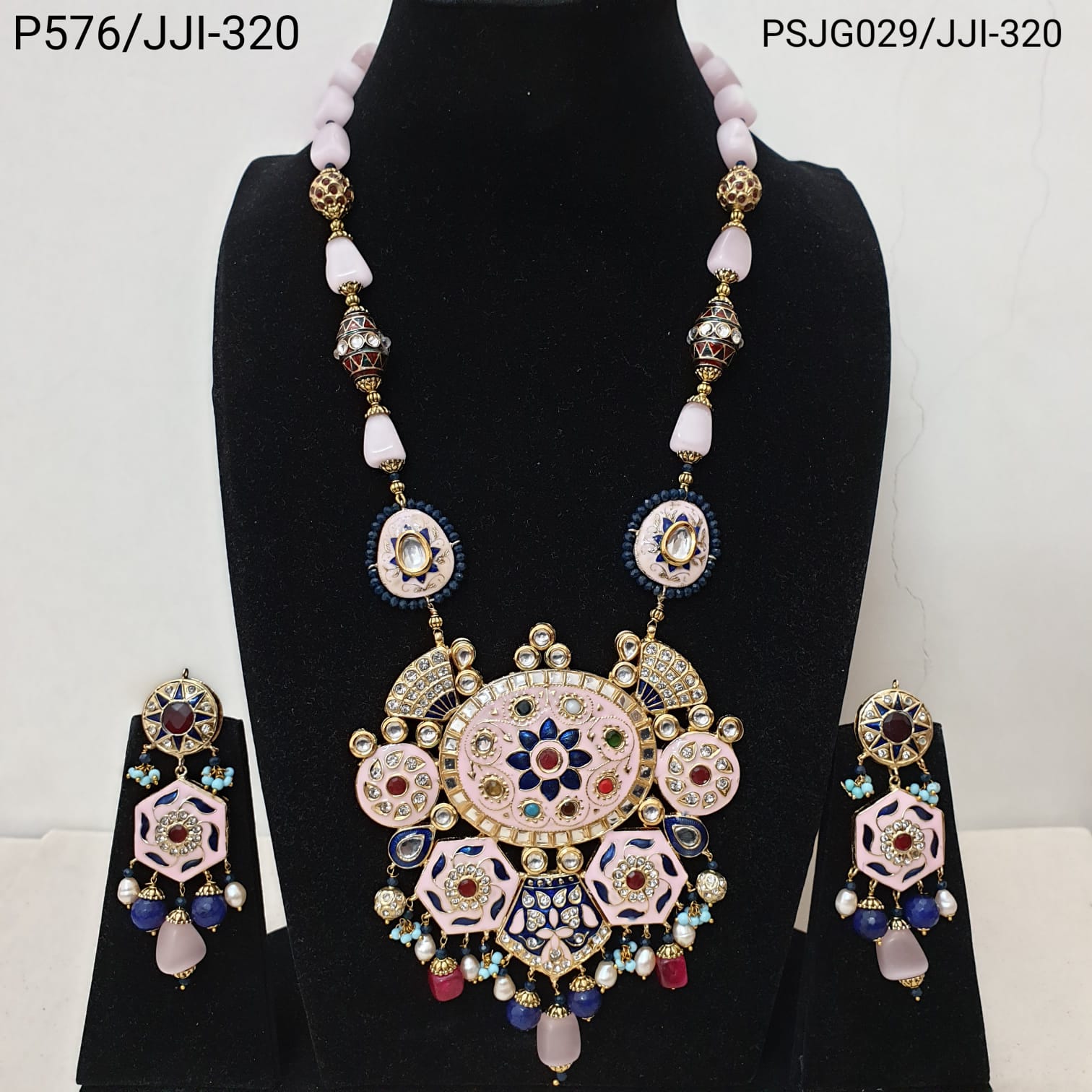 Pink Meenakari Work Unique Pendant Set With Earrings