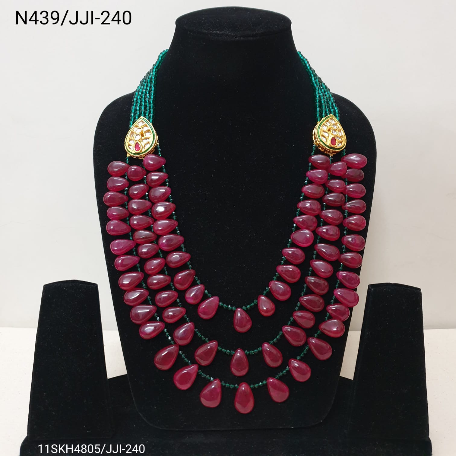 Ruby Drop Green Beaded Kundan Long Necklace