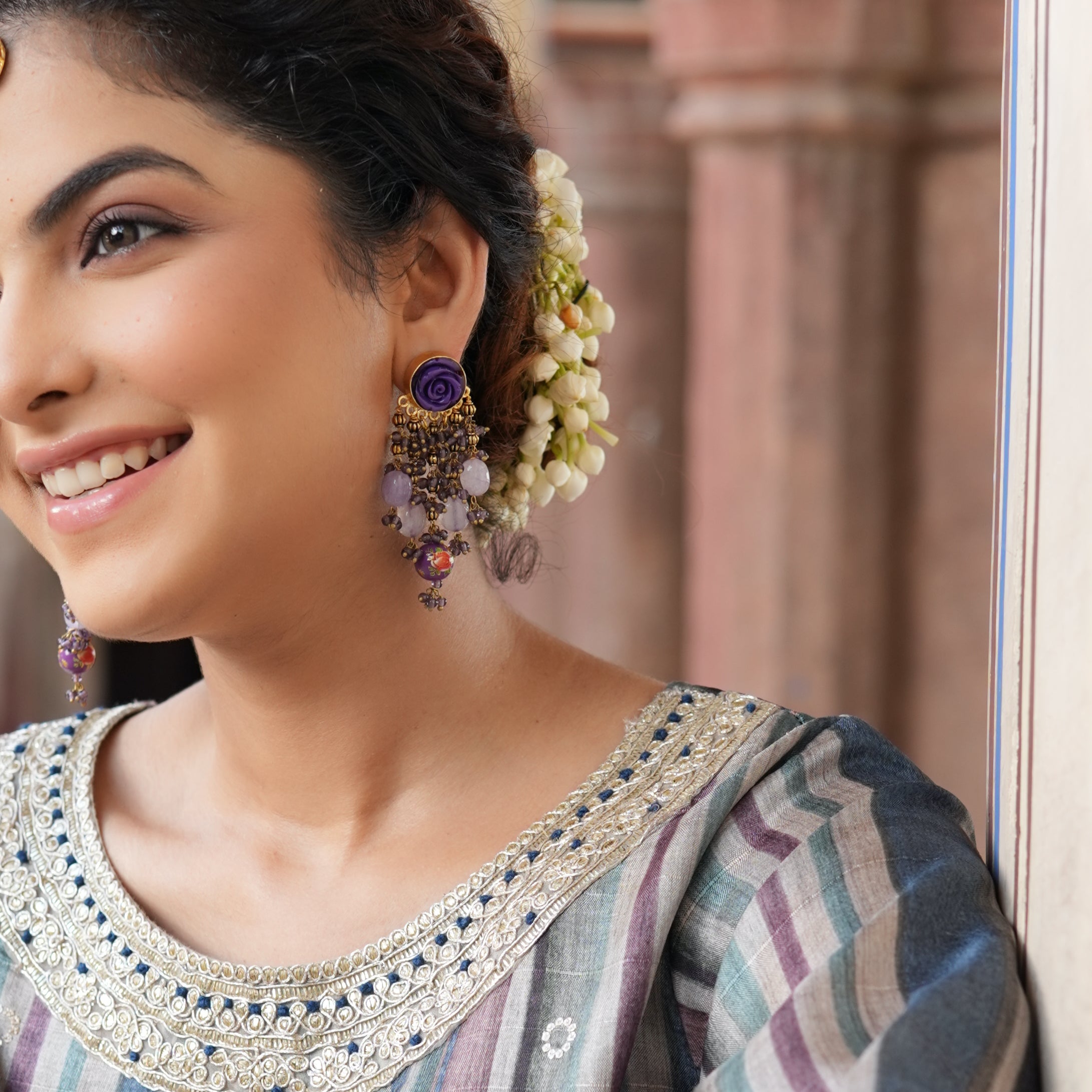 Purple Floral Handpainted Beaded Earrings