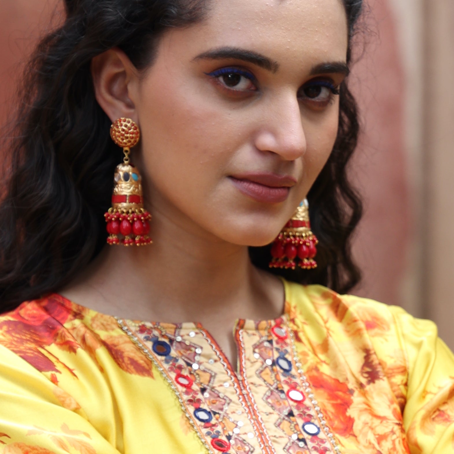 Coral Beaded Jadau Jhumki Earrings