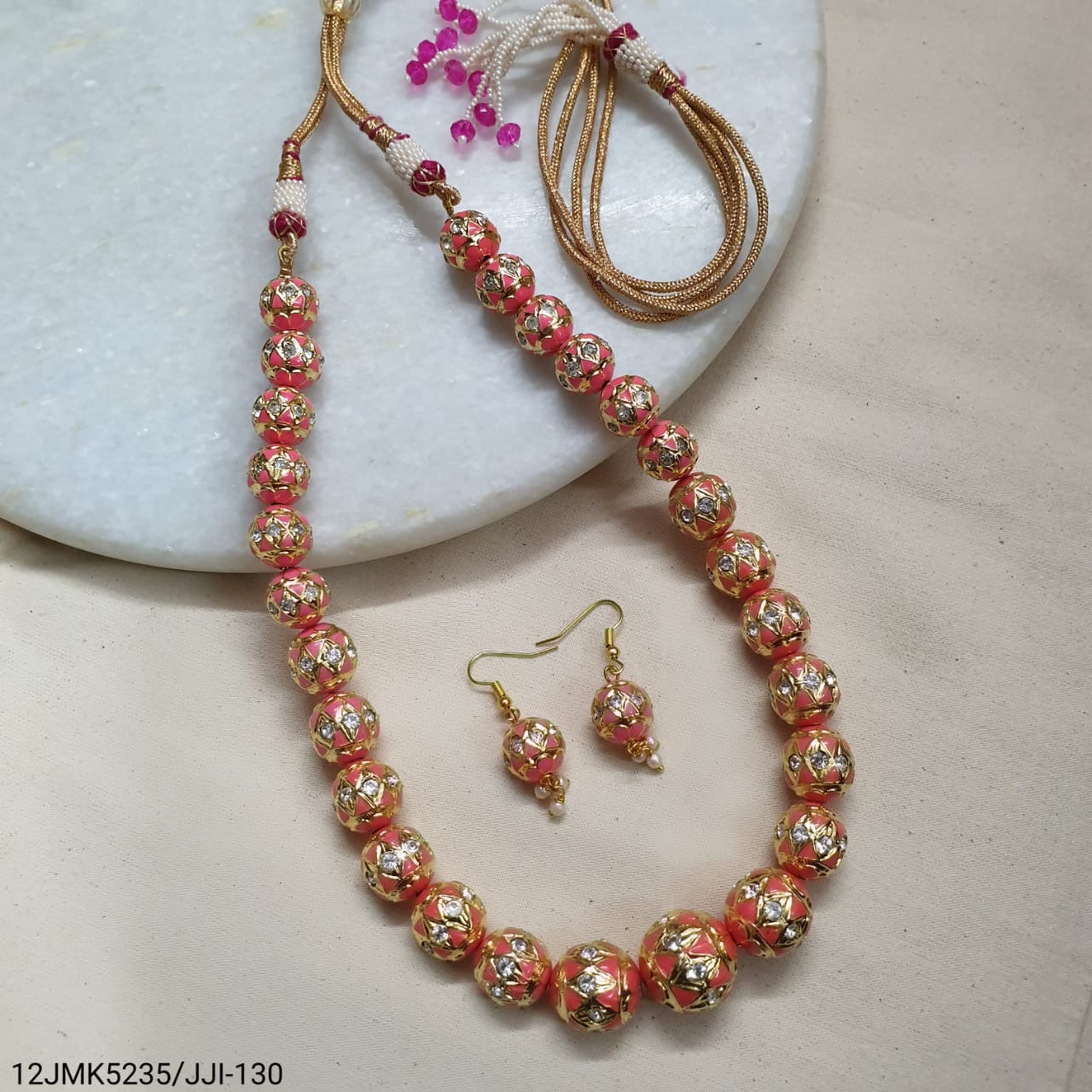 Peach Meenakari Beaded Necklace With Earrings