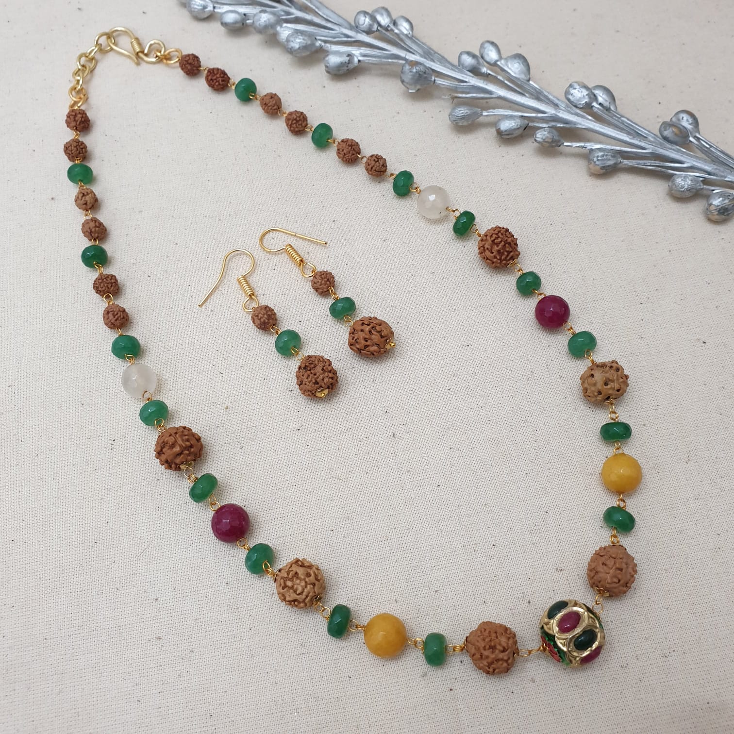 Rudraksha Jadau Stone Beaded Necklace With Earrings