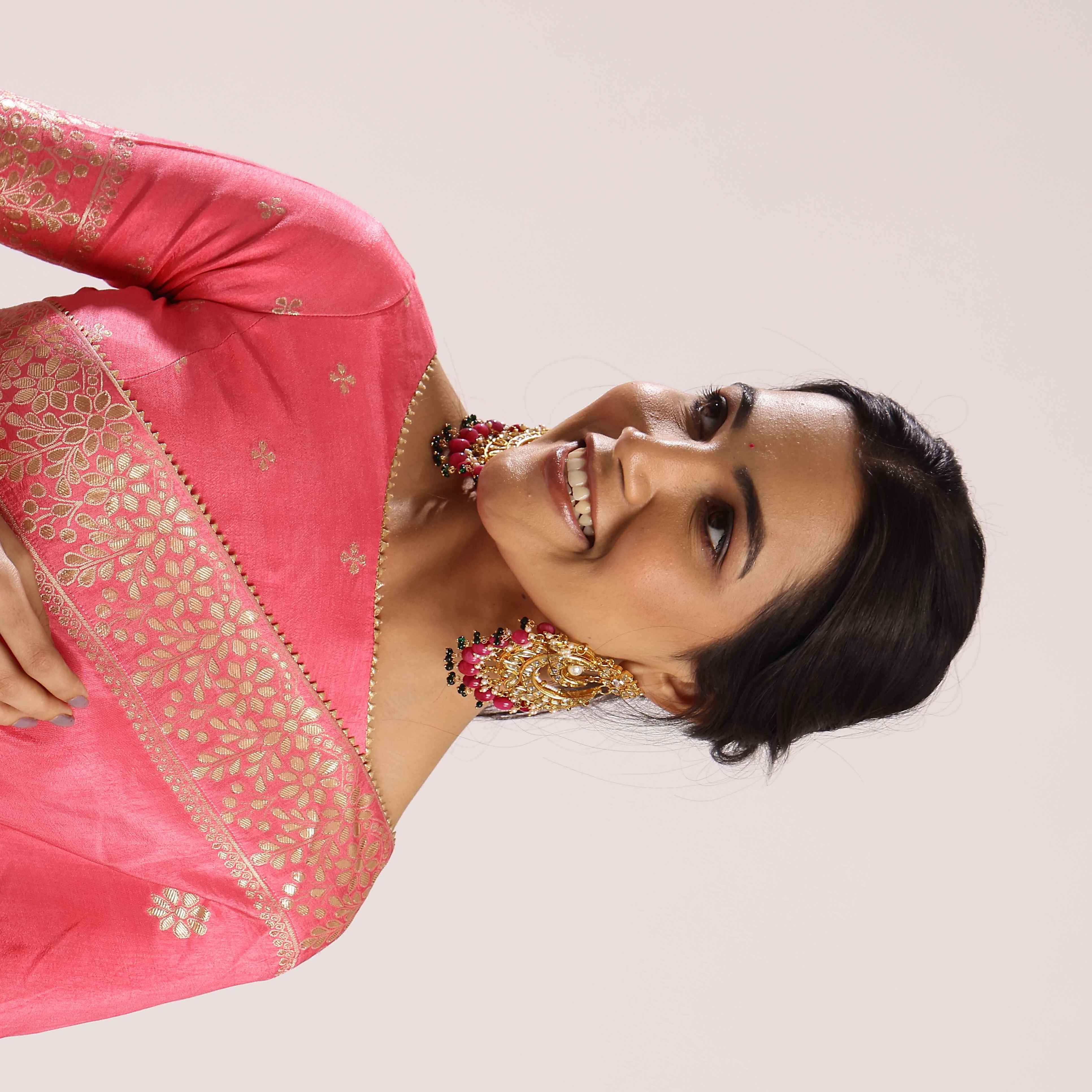 Gold Plated Kundan Chandbali Earrings With Hot Pink Beading