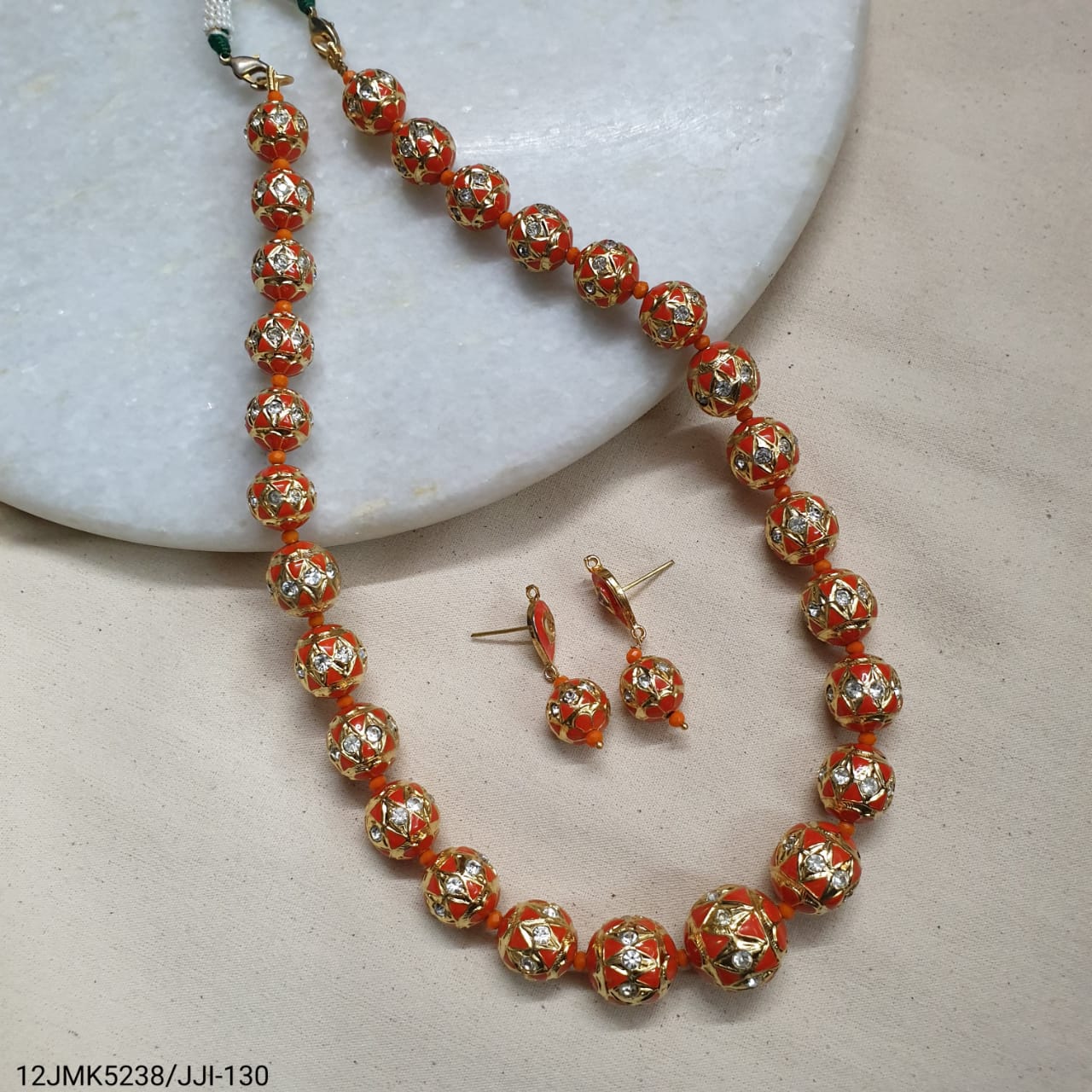Orange Meenakari Beaded Necklace With Earrings