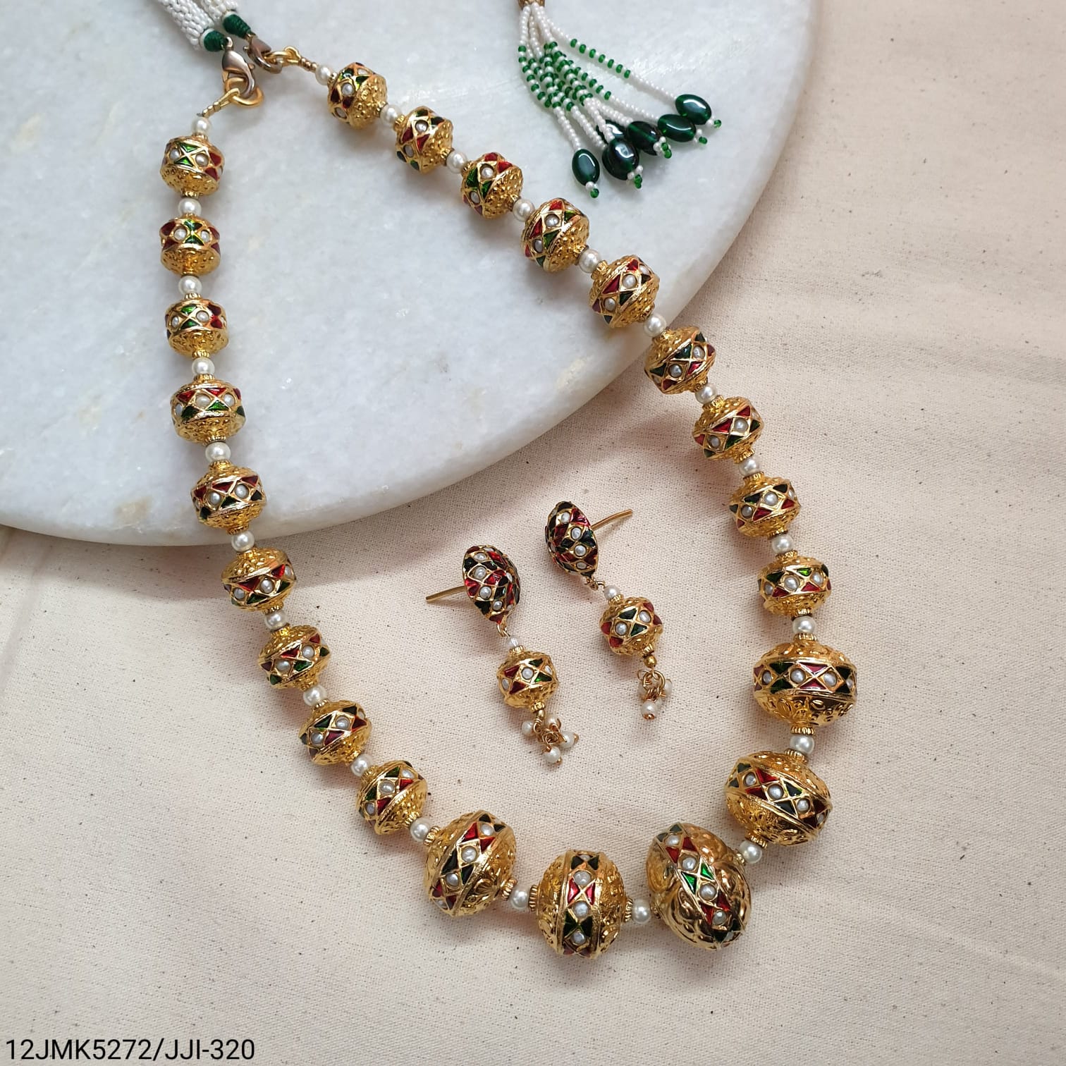 Gold Tone Real Pearl Bead Jadau Necklace