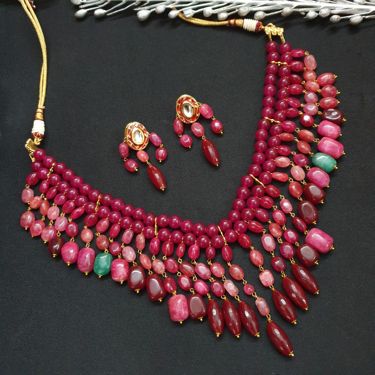 Onyx and Jade Stone Beads Designer Necklace With Earrings