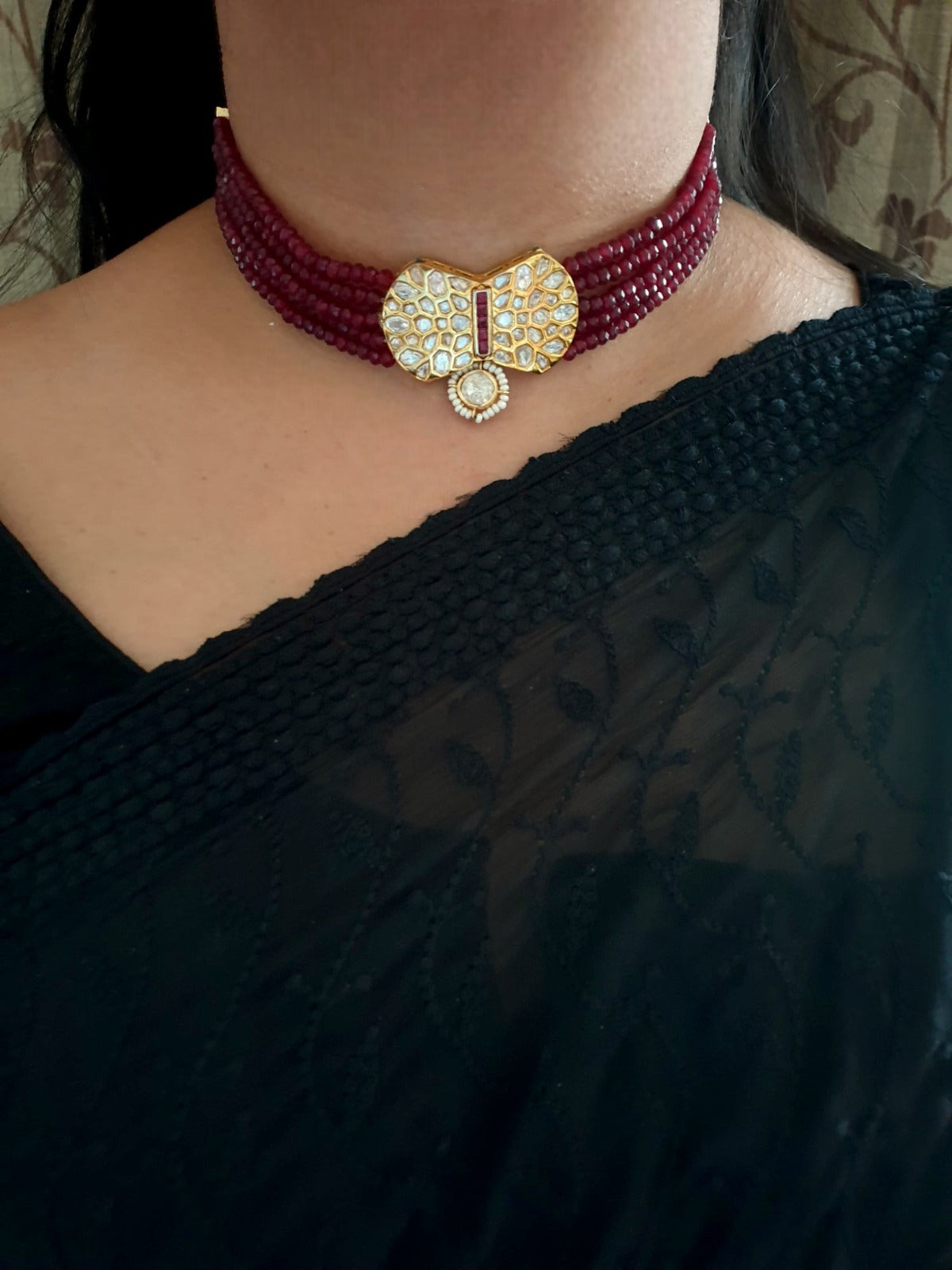Ruby Stone Kundan Polki Choker Necklace Set With Earrings
