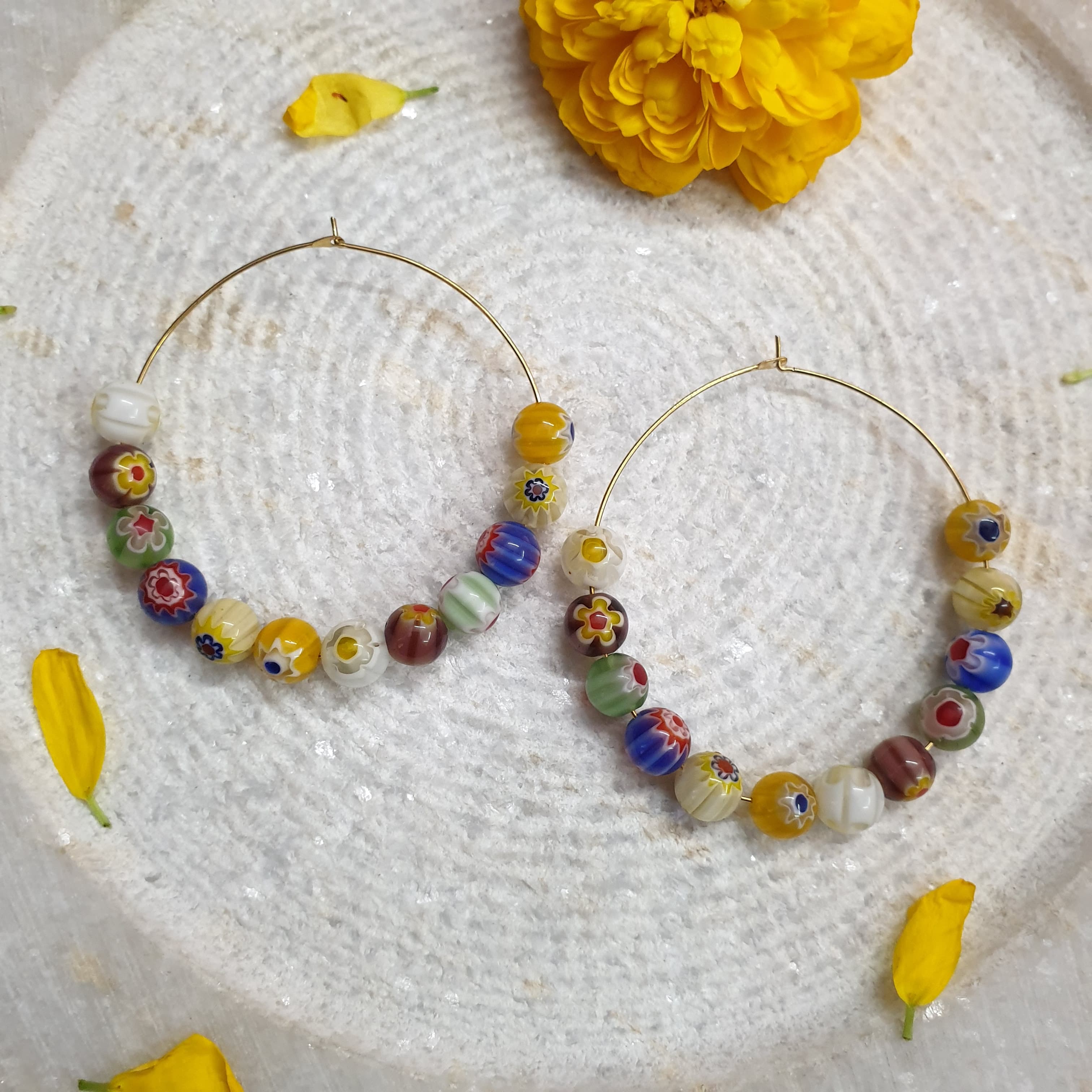 Colorful Floral Beaded Hoop Earrings