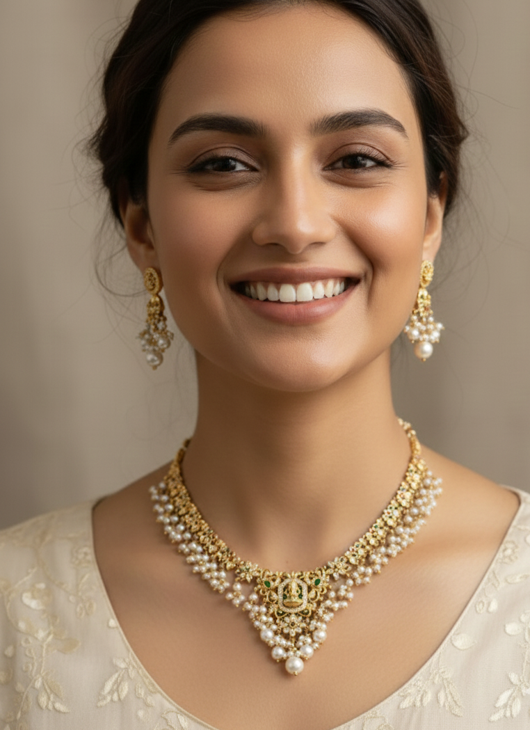 Elegant South Indian Temple Jewelry Pearl Necklace Set