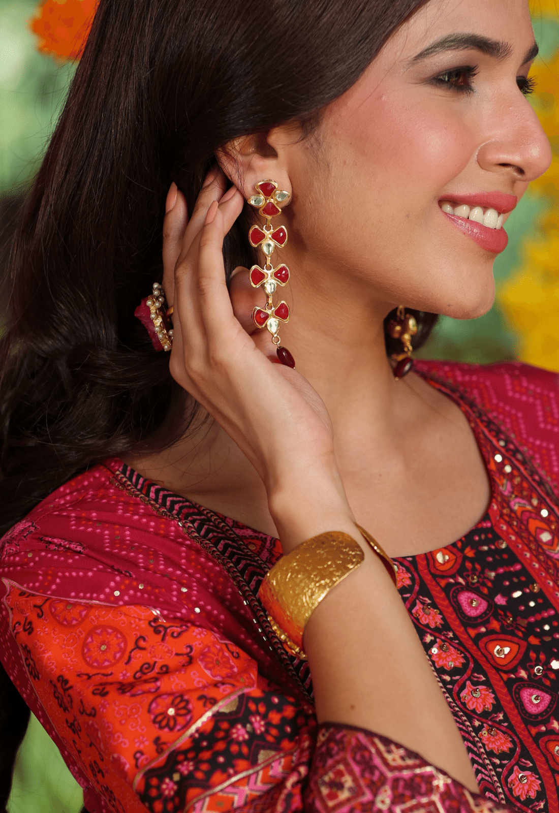 Gold Plated Red Stone Long Earrings
