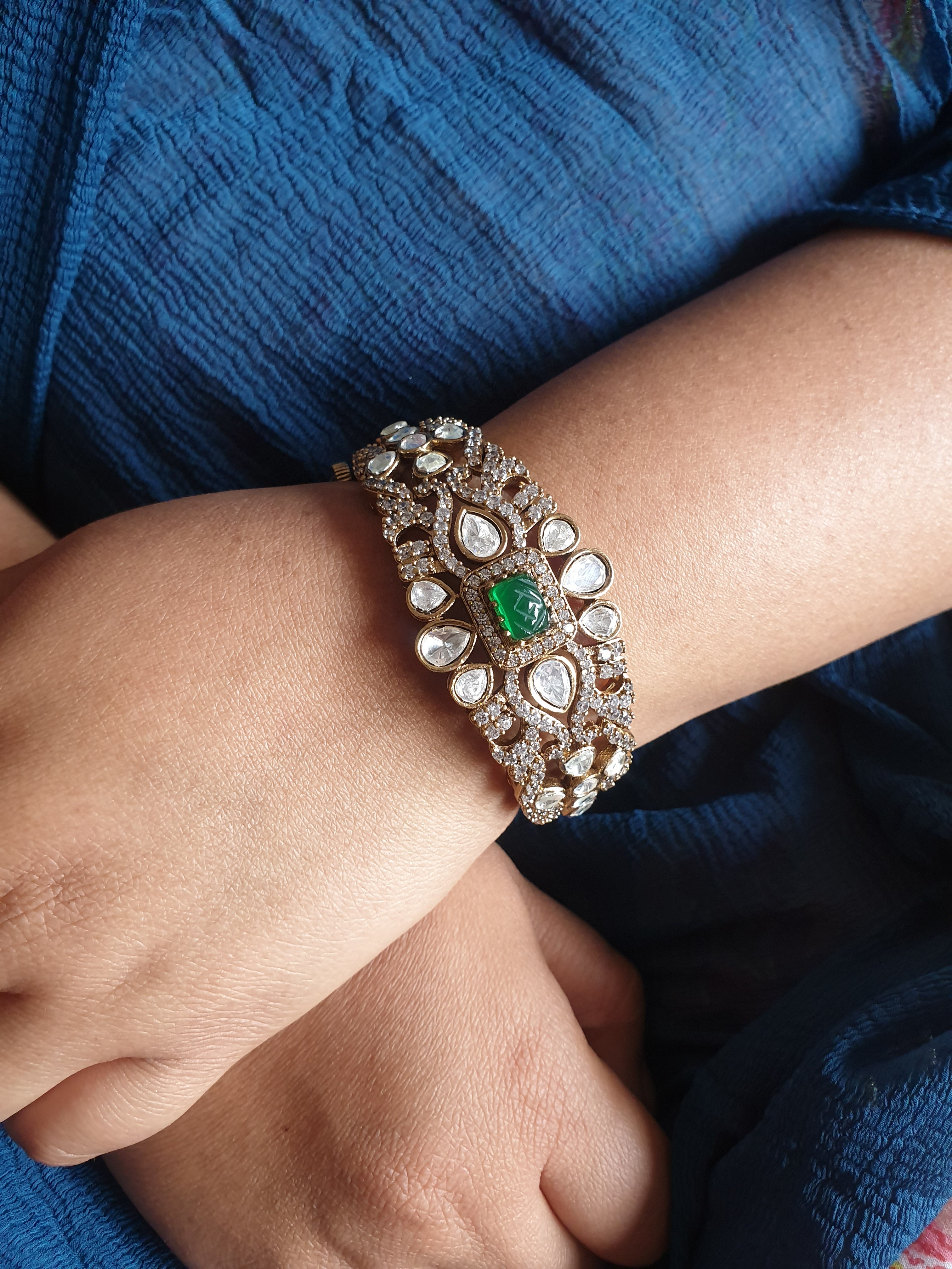 Emerald Color Kundan AD Stone Openable Bangle