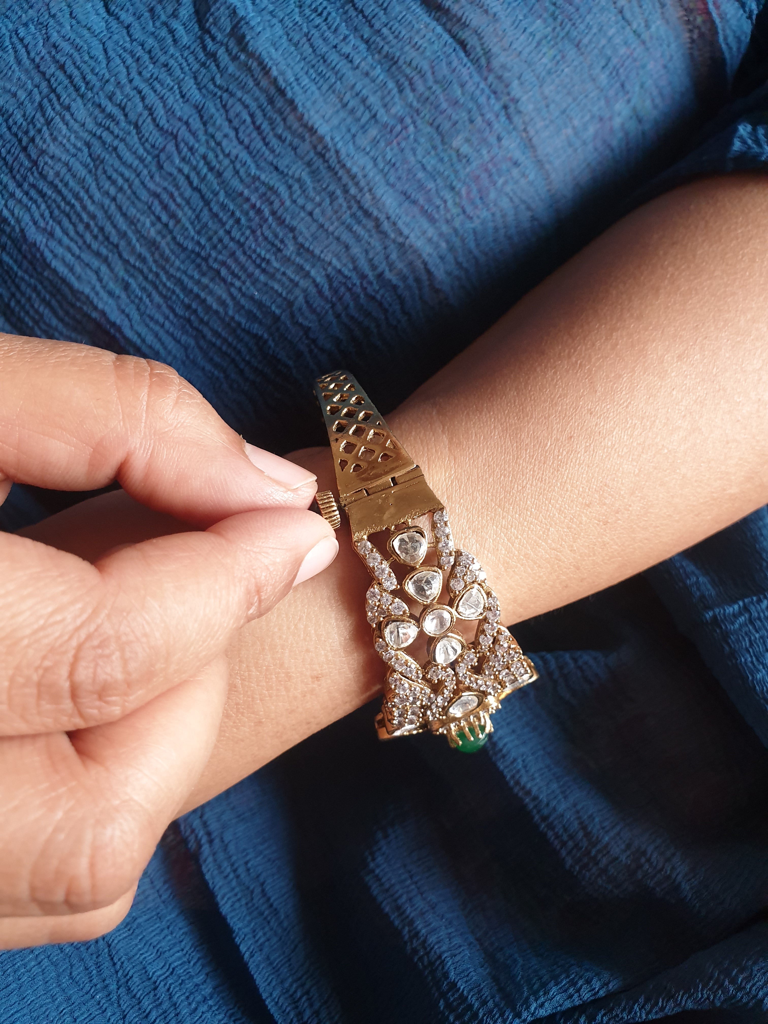 Emerald Color Kundan AD Stone Openable Bangle