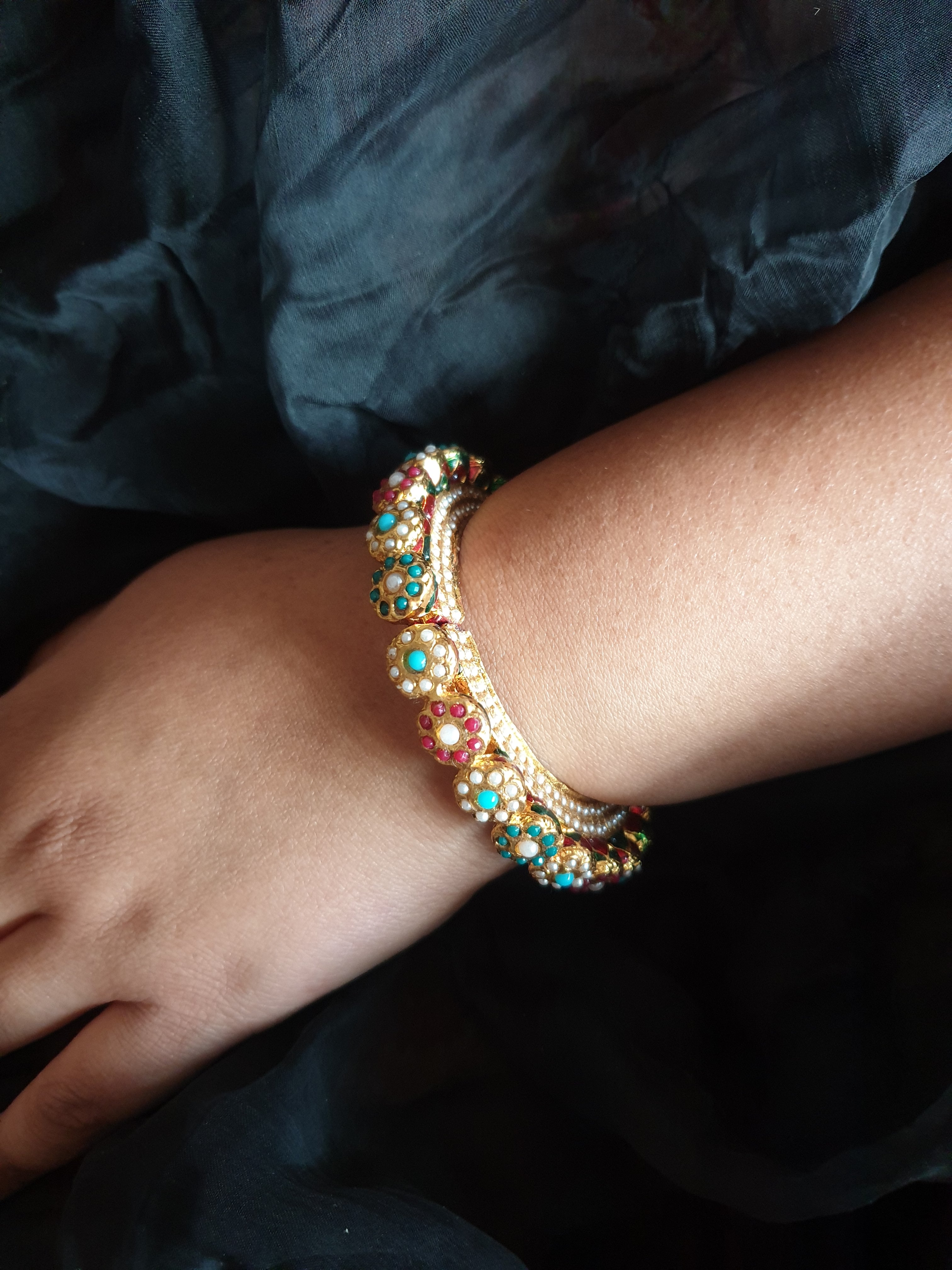 Multi Stone And Real Pearl Jadau Openable Bangle