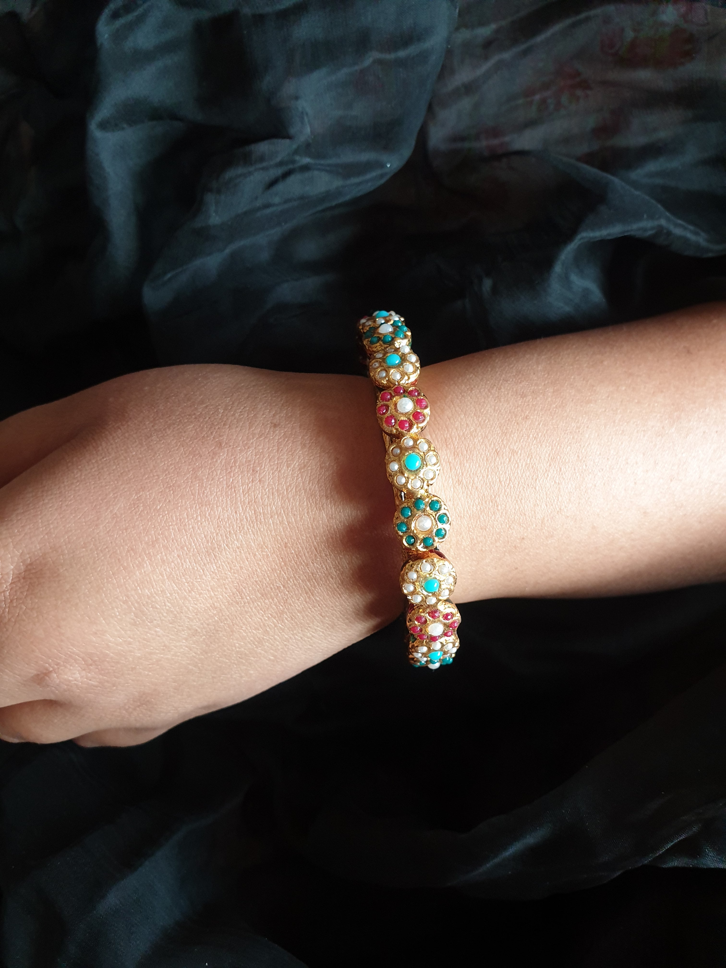 Multi Stone And Real Pearl Jadau Openable Bangle