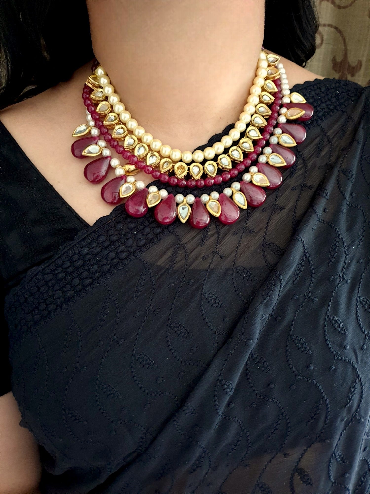 Ruby Red Kundan Necklace Set With Earrings