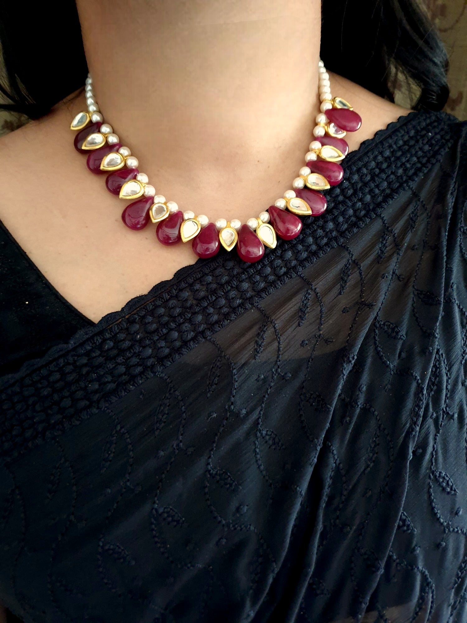 Ruby Red Single Kundan Necklace Set With Earrings