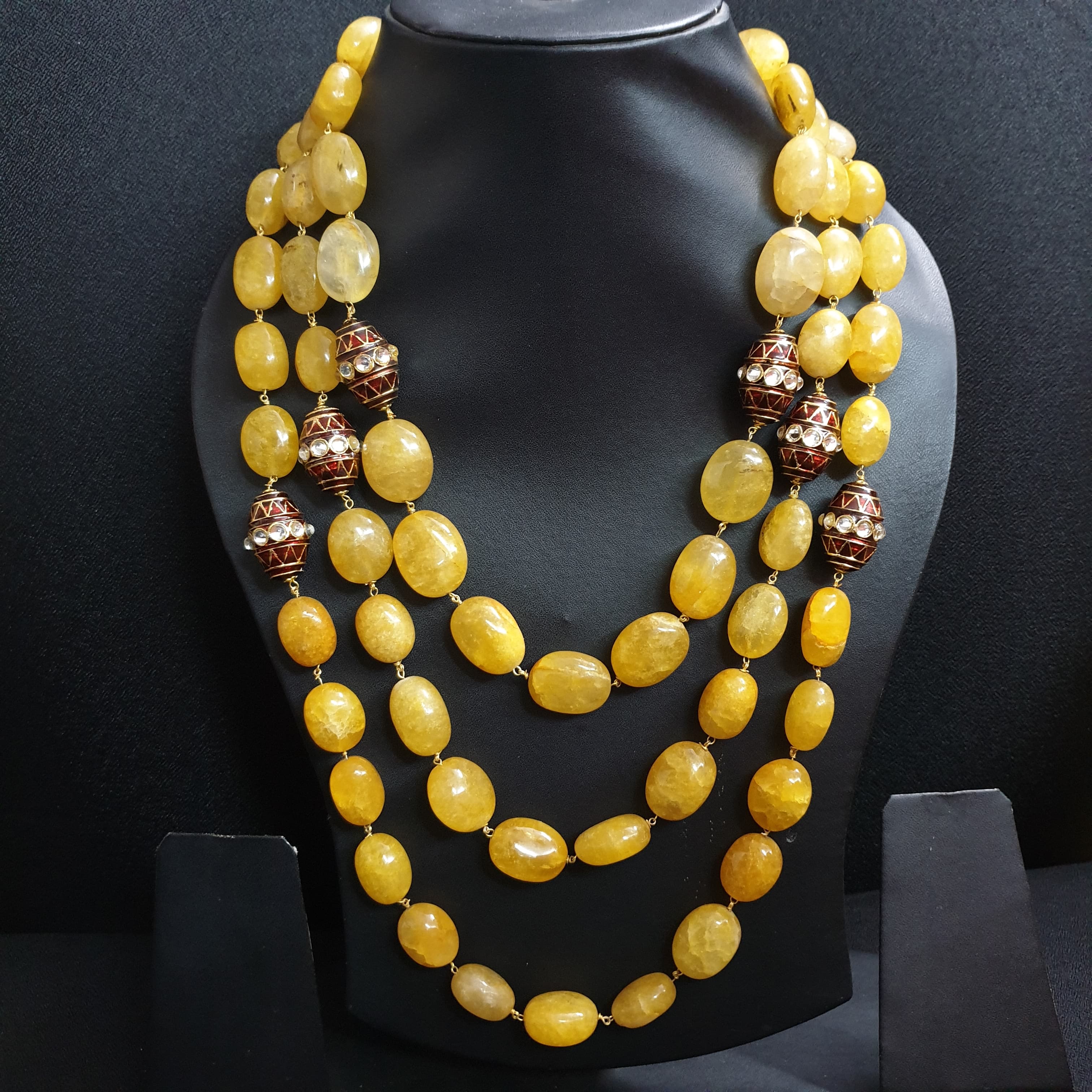 Yellow Semi Precious Necklace With Maroon Meenakari Beads
