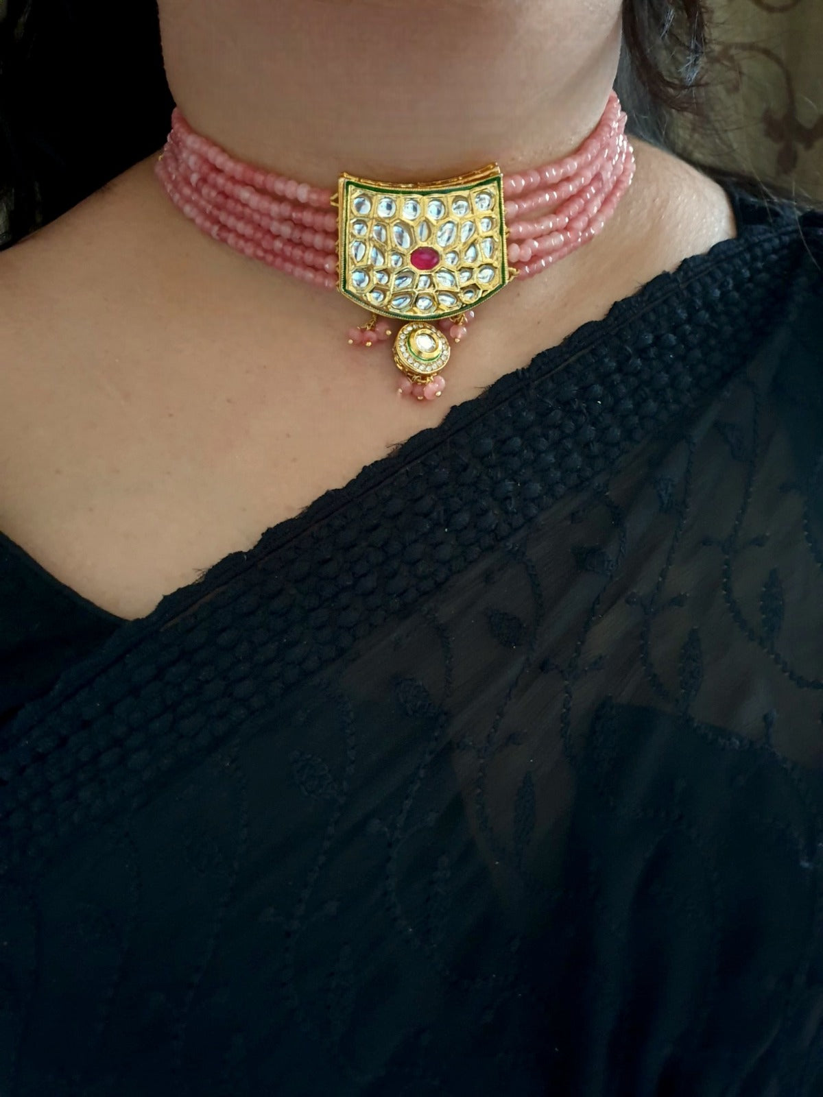 Peach Kundan Polki Choker Necklace Set With Earrings