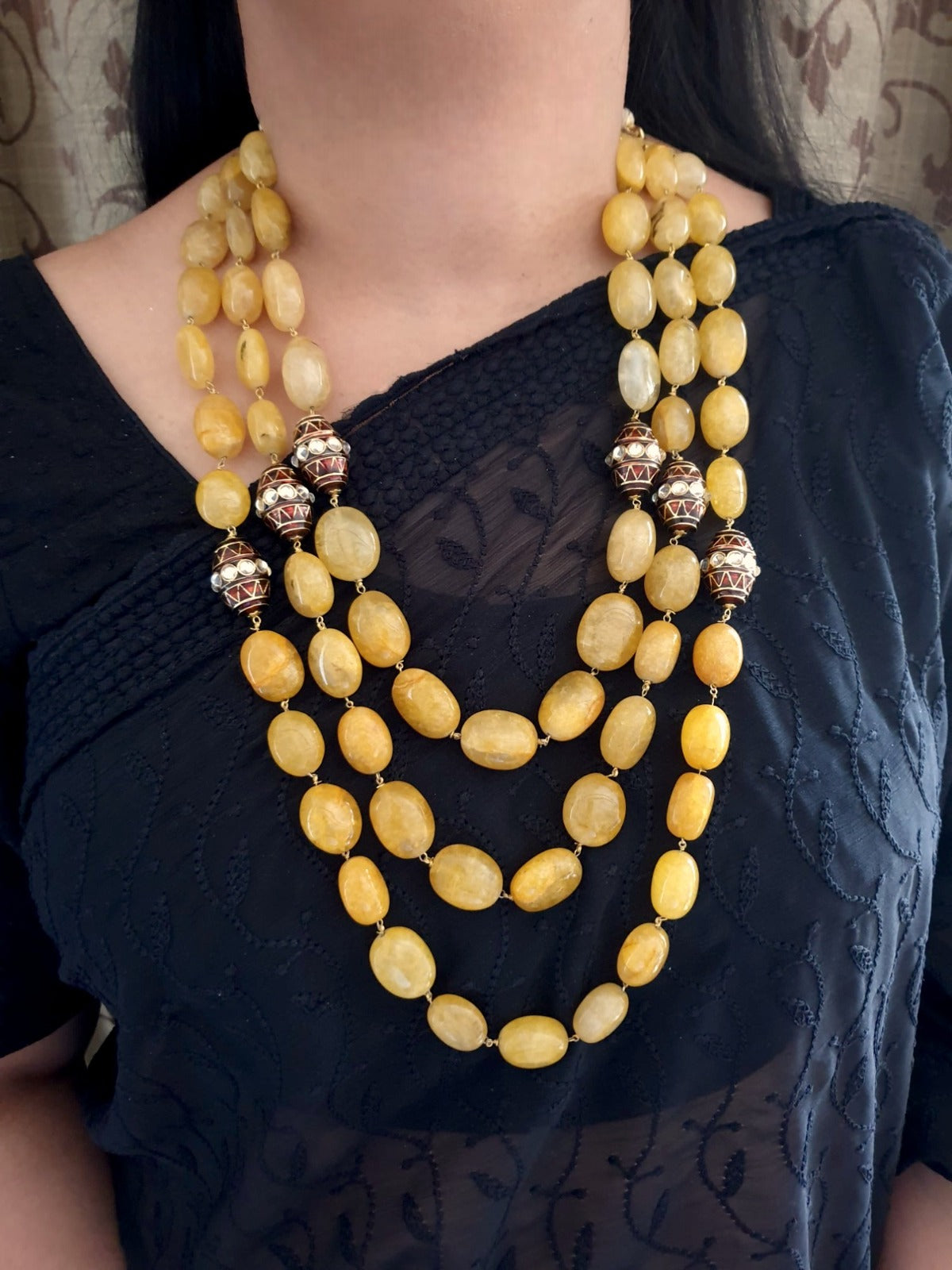Yellow Semi Precious Necklace With Maroon Meenakari Beads