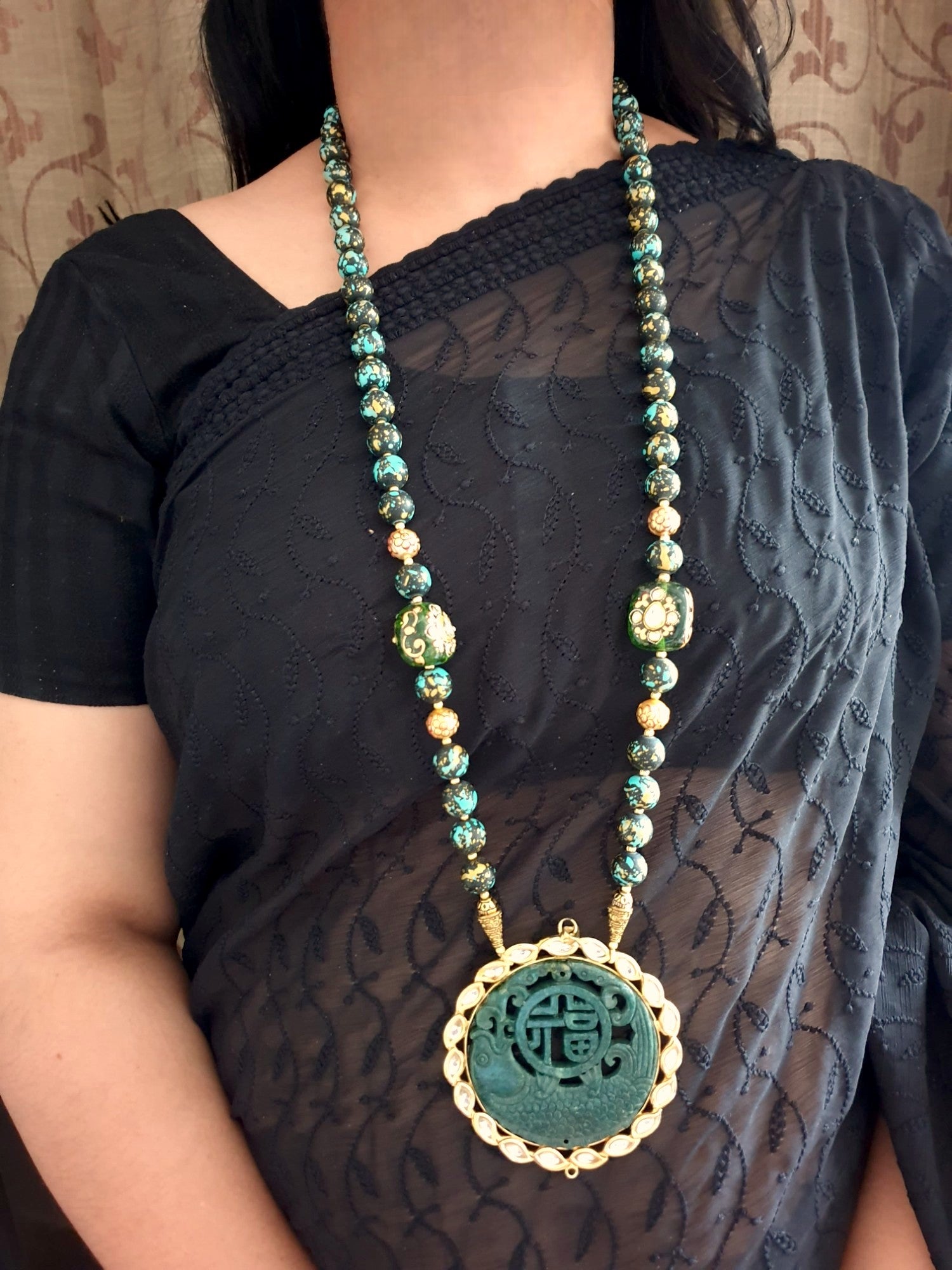 22k Gold Plated Kundan Set With Handpainted Beads and Earrings
