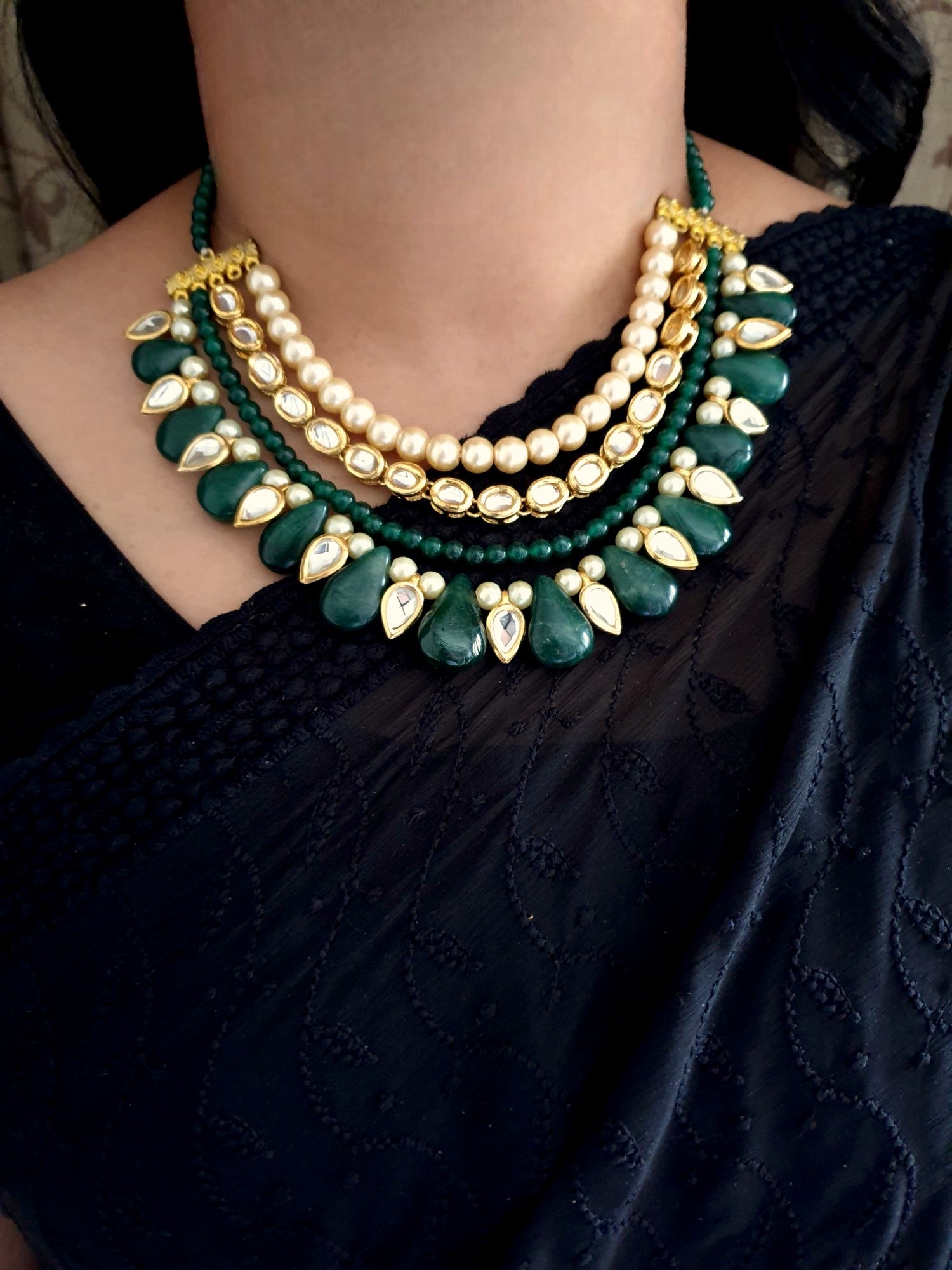 Emerald Green Kundan Pearl Necklace Set With Earrings