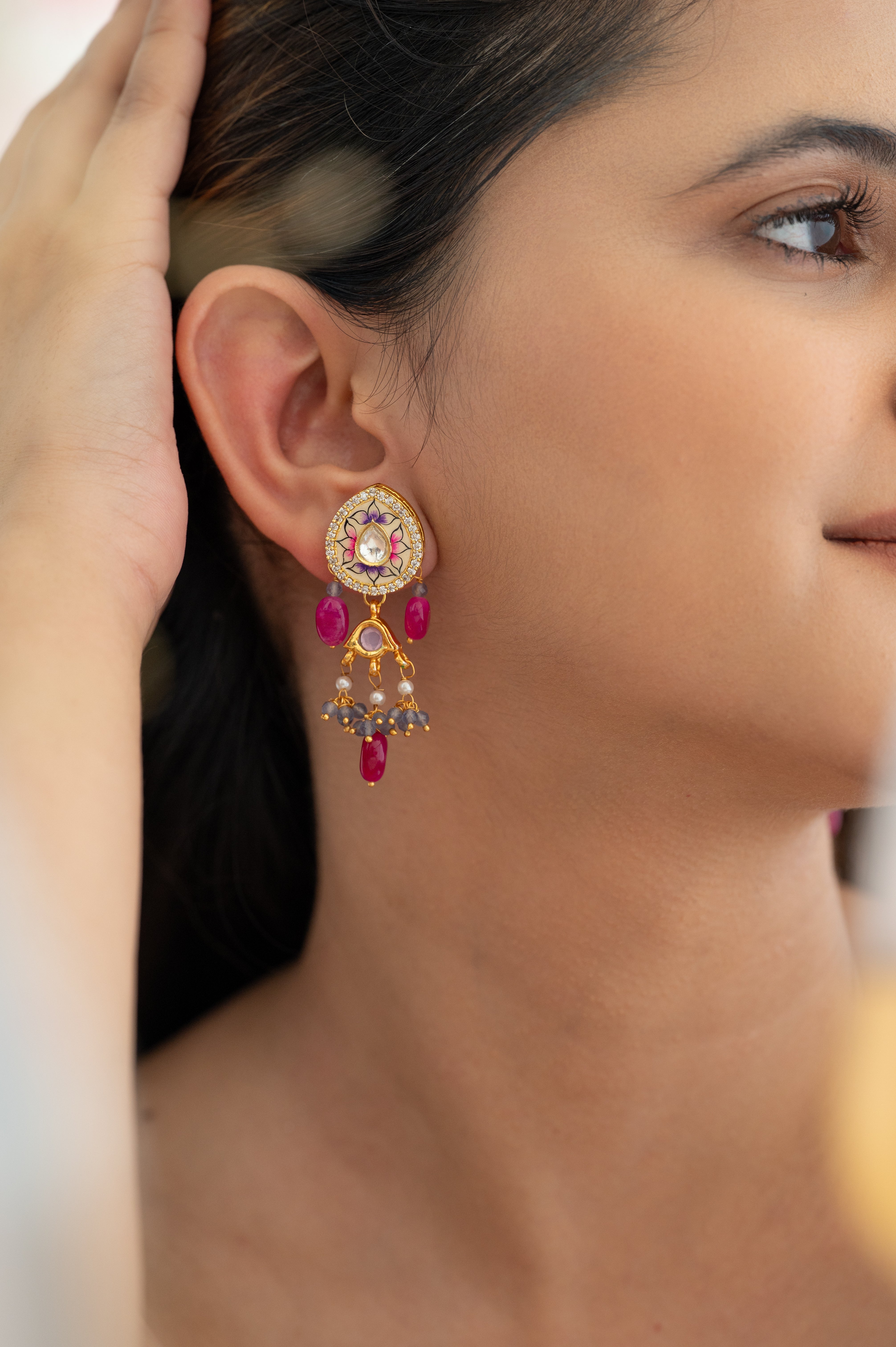 Pink Stone Kundan Meenakari Drop Earrings