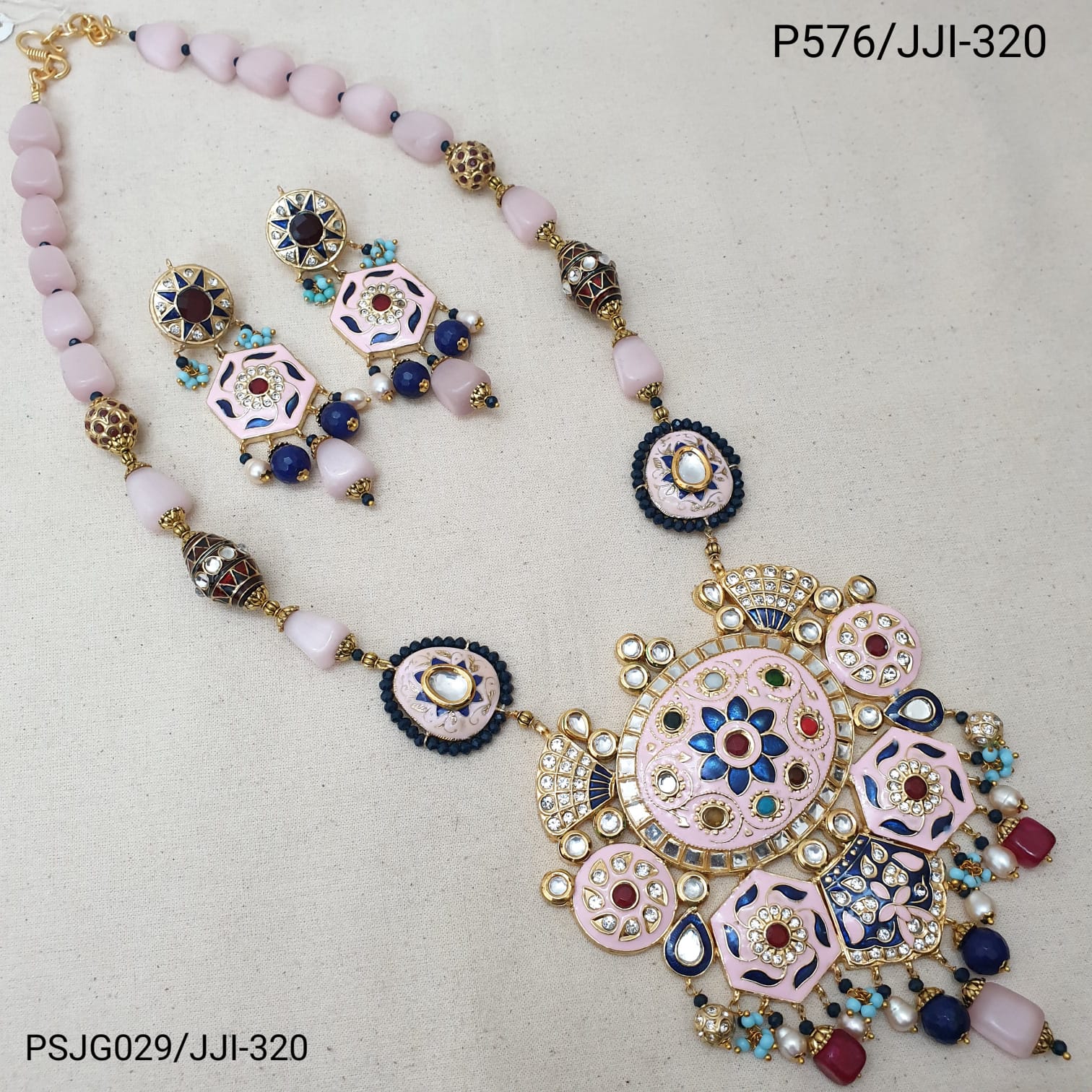 Pink Meenakari Work Unique Pendant Set With Earrings