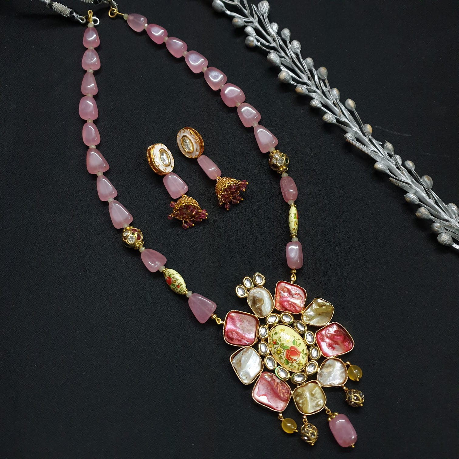 Pink Stone Beaded Designer Pendant Set