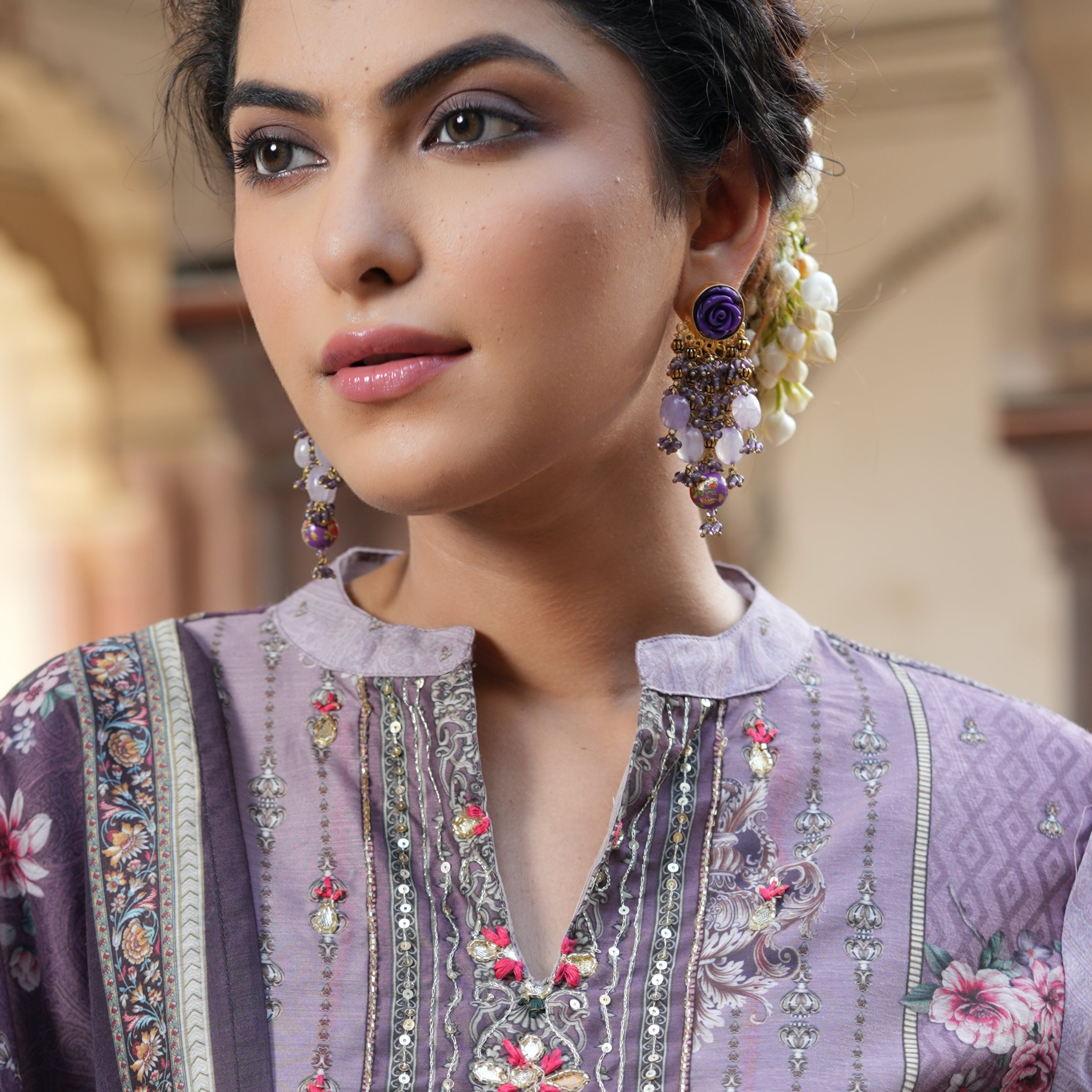 Purple Floral Handpainted Beaded Earrings