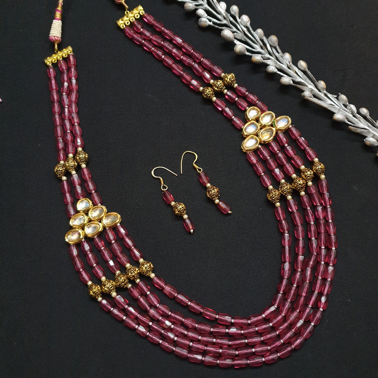 Tourmaline Color Kundan Necklace With Earrings