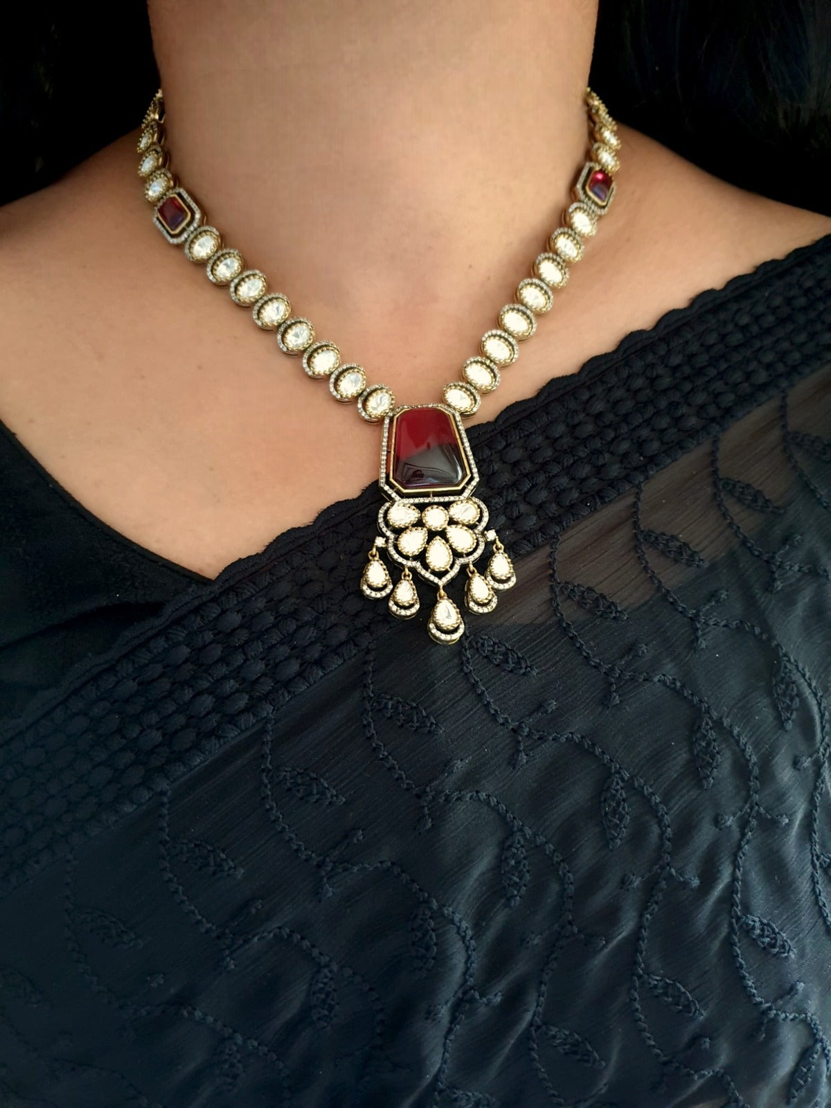 Ruby Moissanite Kundan Premium Necklace With Earrings