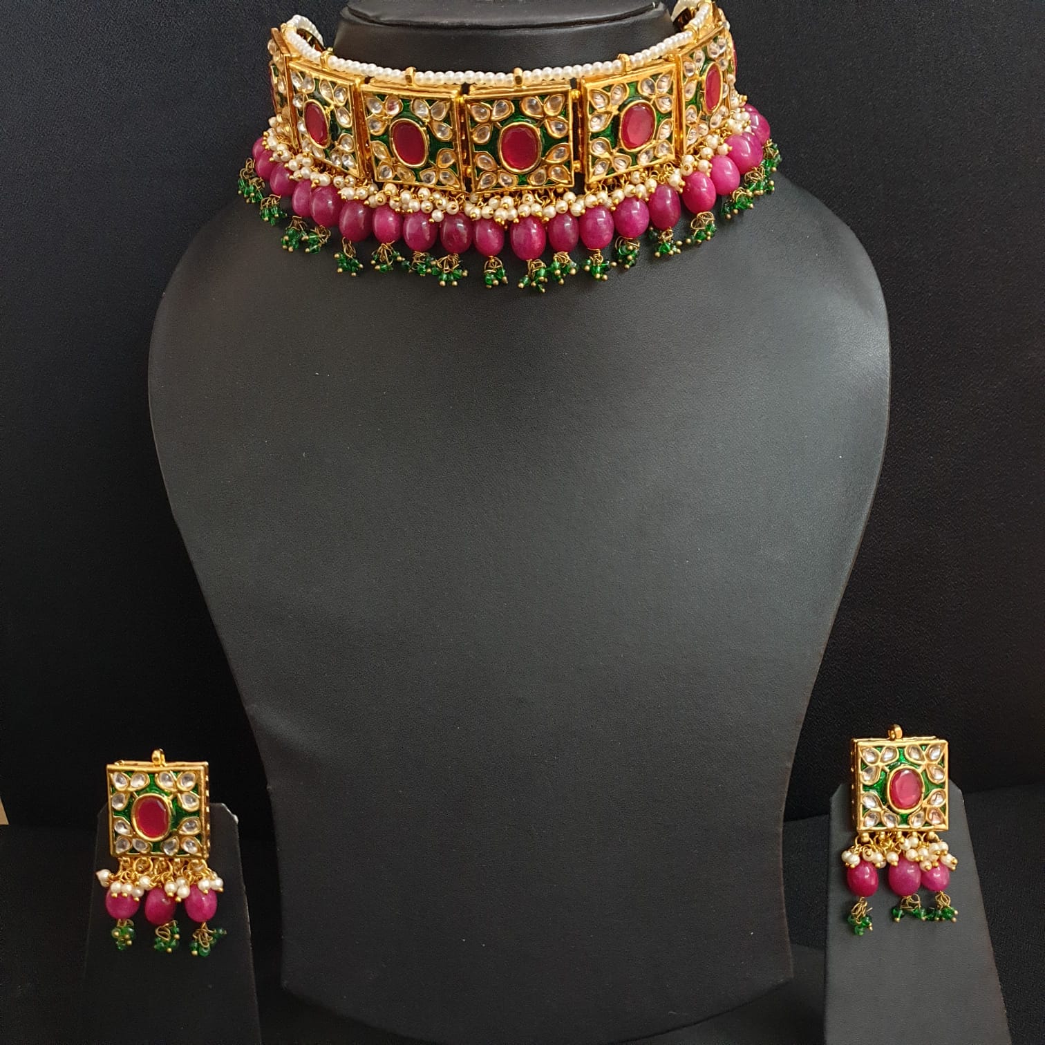 Pink Stone Meenakari Choker Necklace Set With Earrings