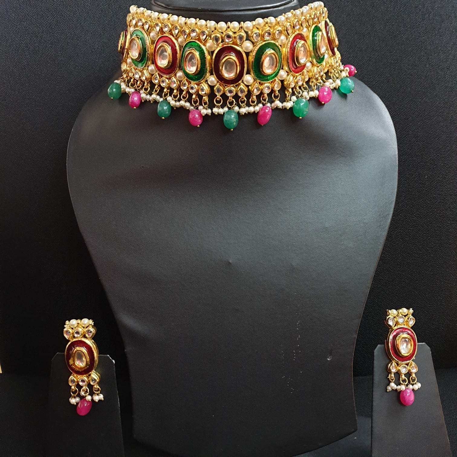 Red Green Kundan Meenakari Choker Necklace Set