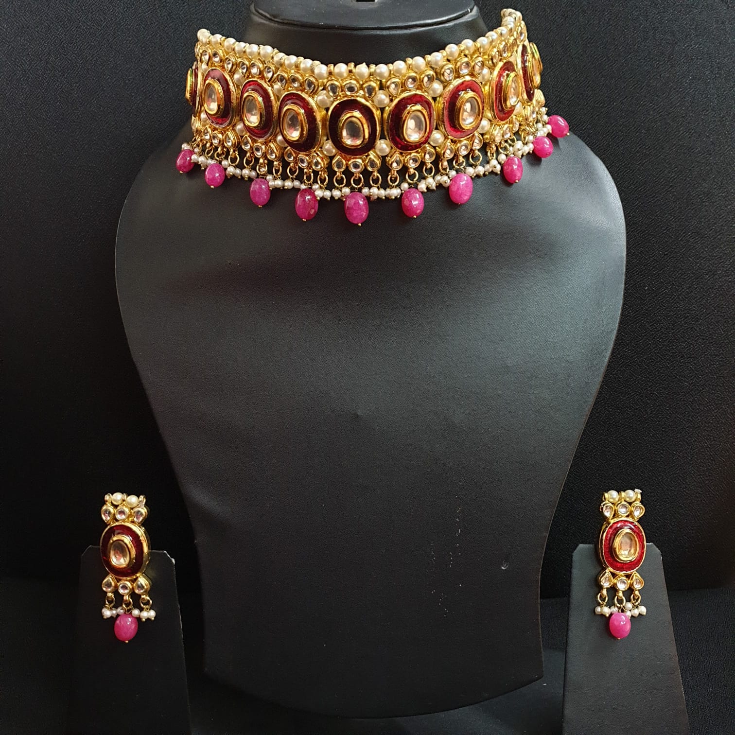 Red Kundan Meenakari Choker Set With Earrings