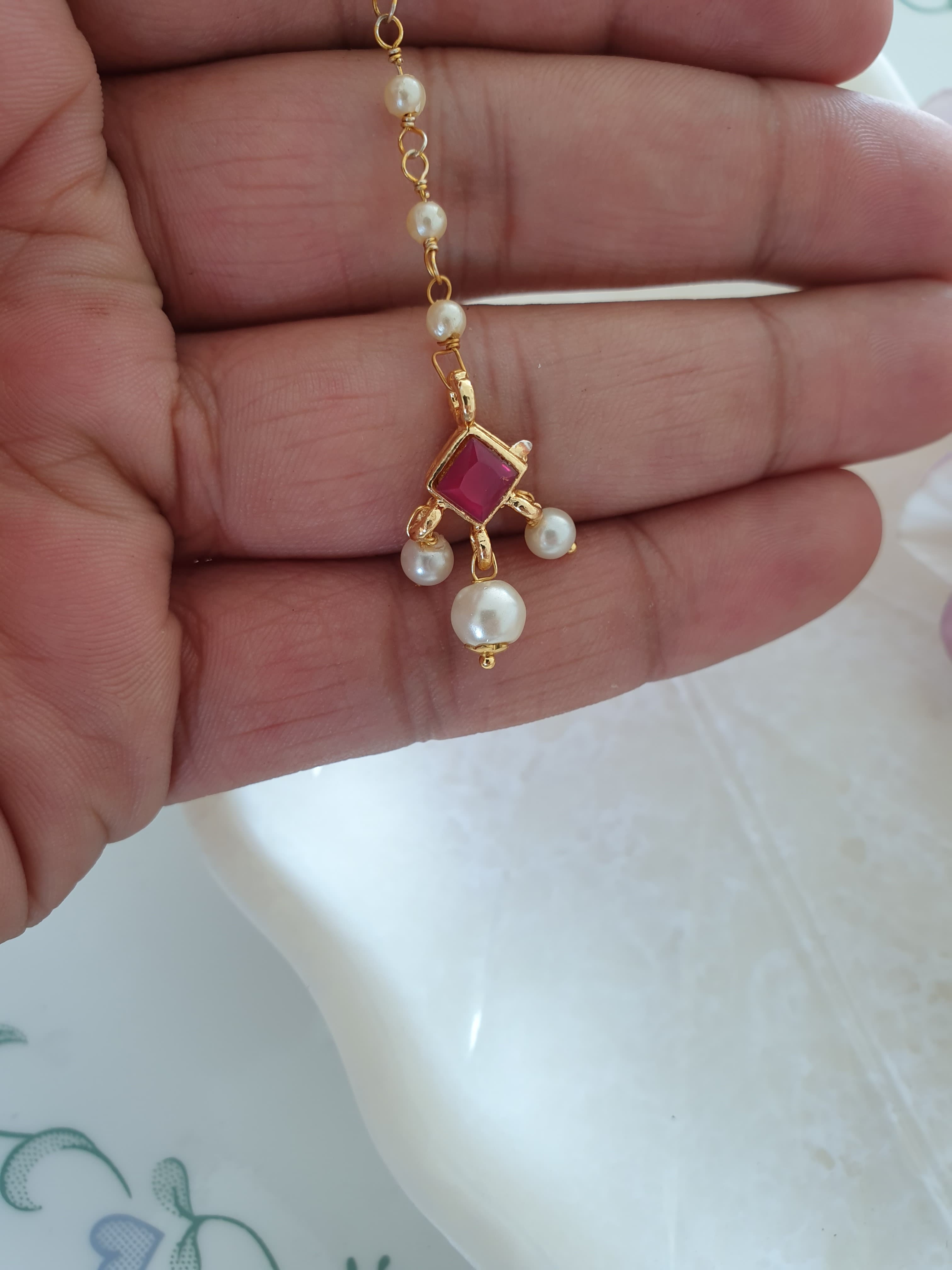 Red Square Stone Meenakari Pearl Beaded Maang Tikka