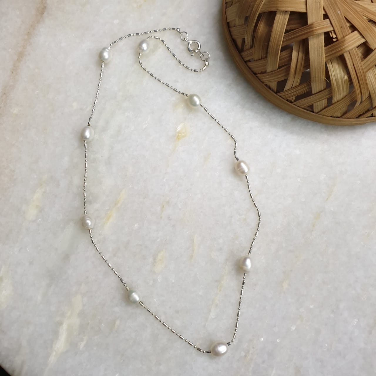 Silver Tone Baroque Pearl Beaded Necklace