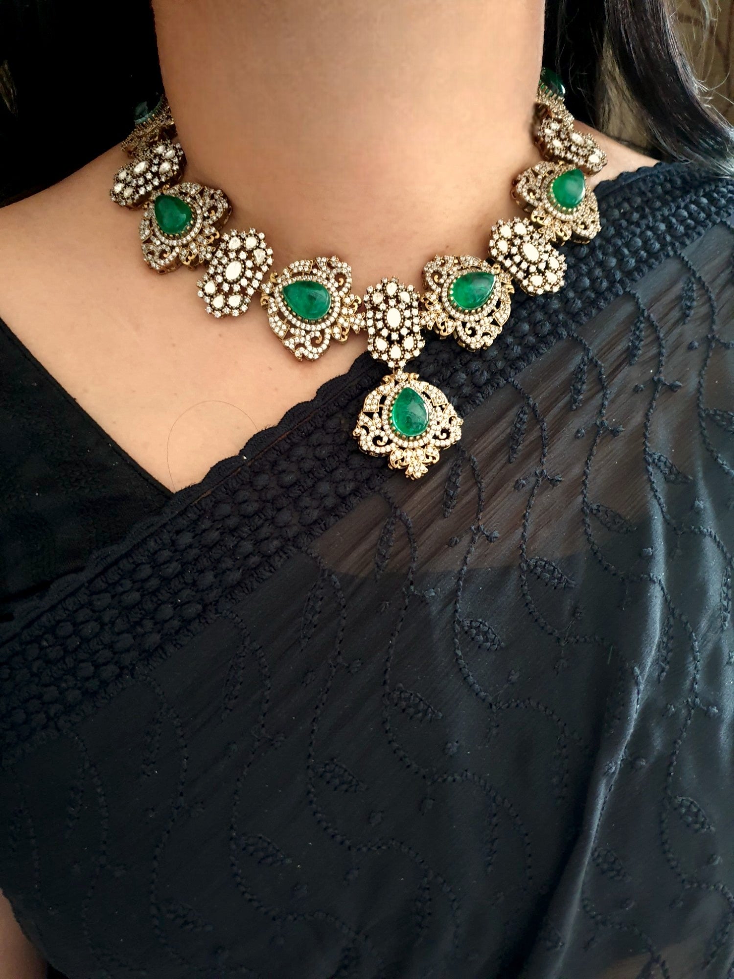 Kundan Green Doublet Stone Necklace With Earrings