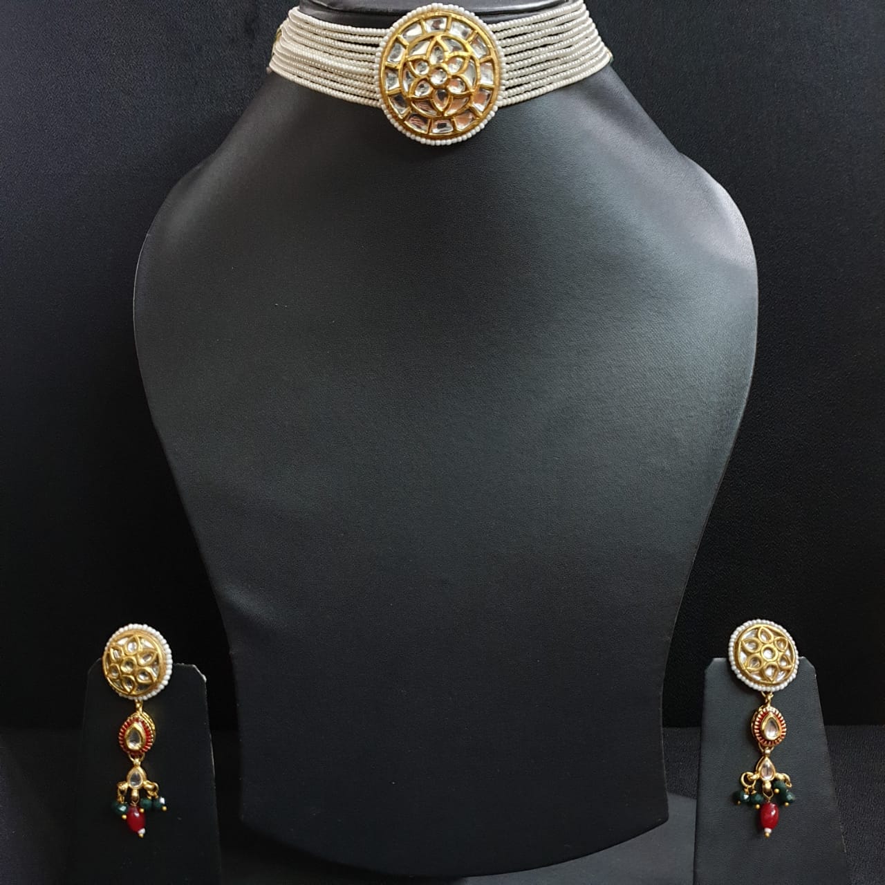 Pearl Seed Beads Kundan Rajputi Choker Necklace With Earrings