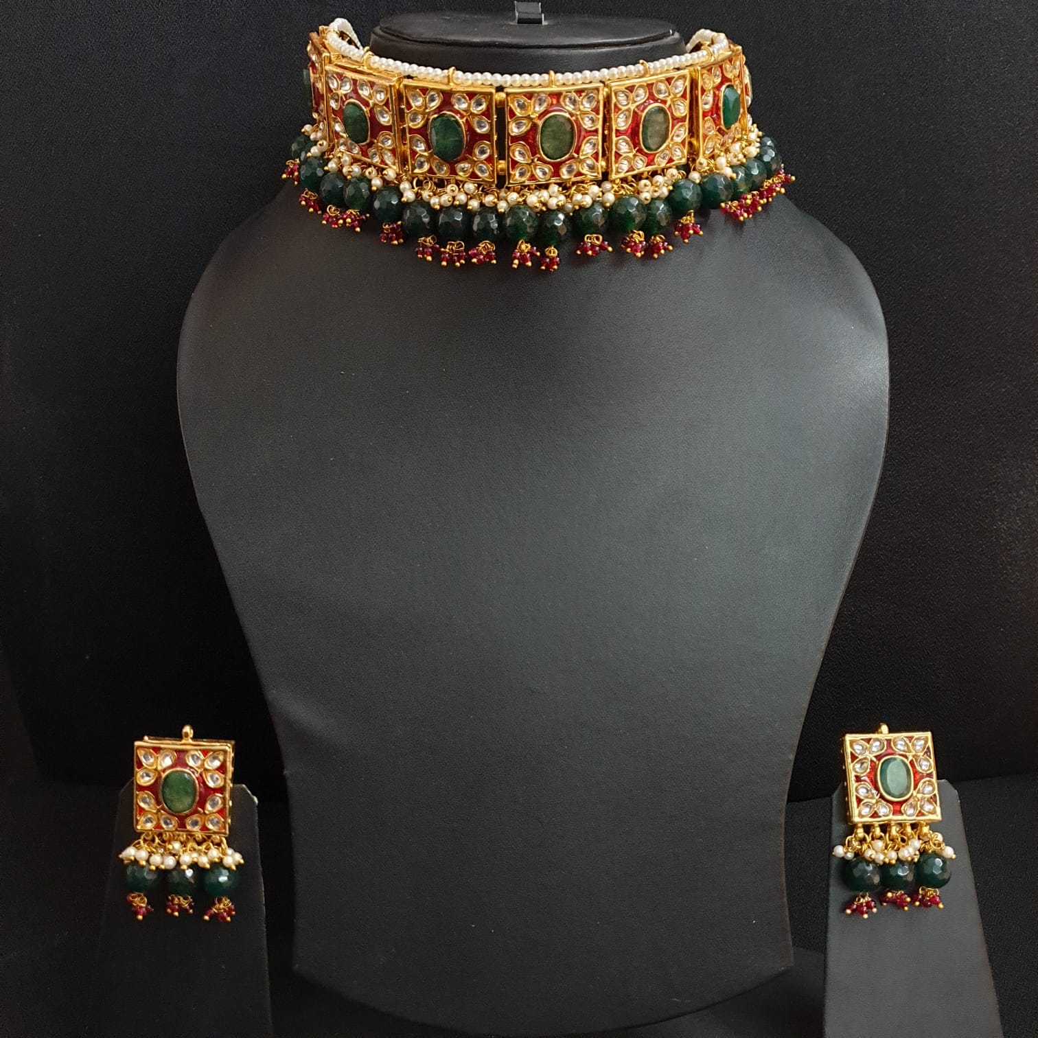 Green Stone Kundan Meenakari Choker Necklace Set