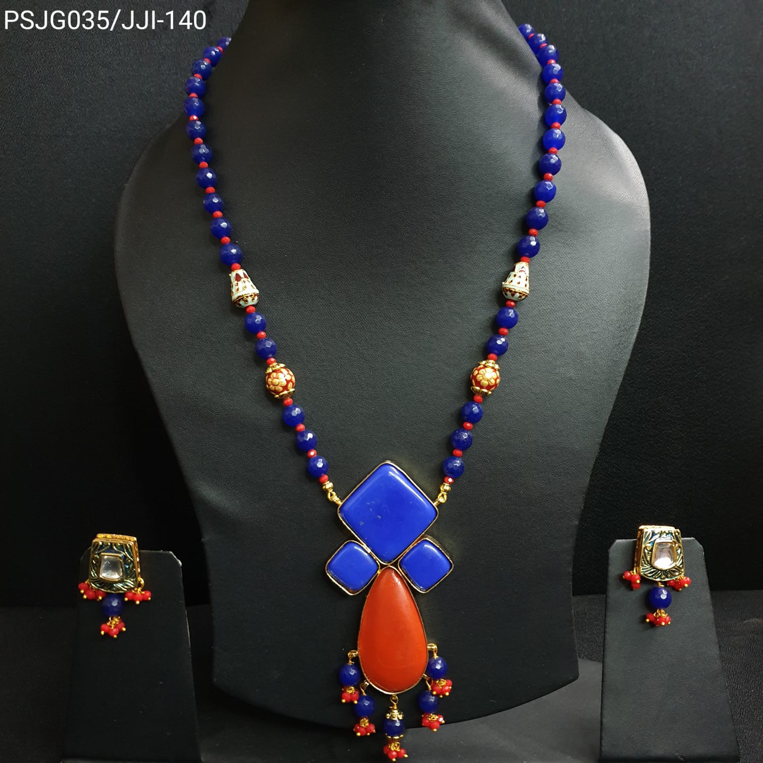 Blue Beaded Designer Pendant Set With Earrings