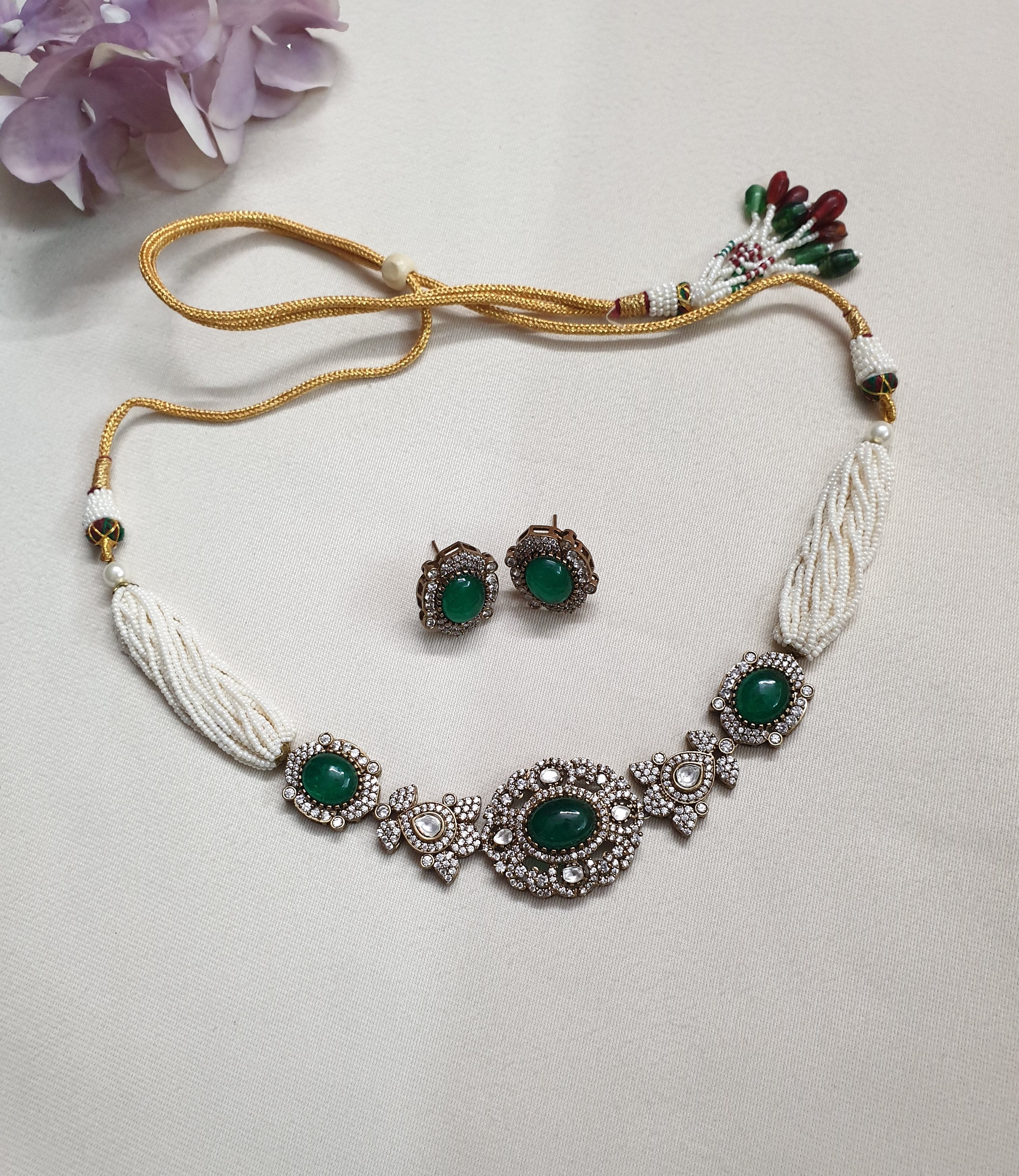 Emerald Polki Stone Kundan Choker Necklace With Studs