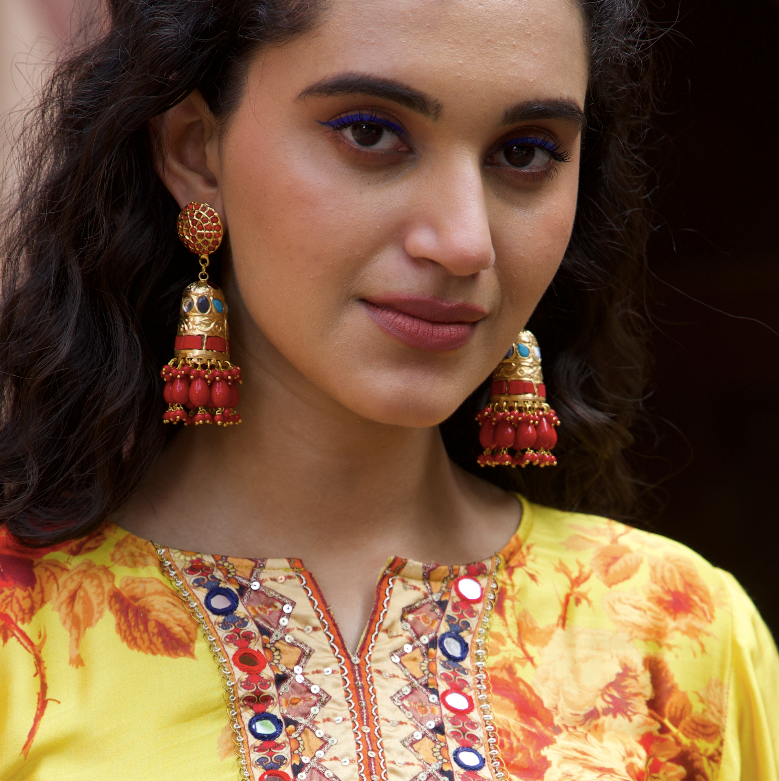 Coral Beaded Jadau Jhumki Earrings