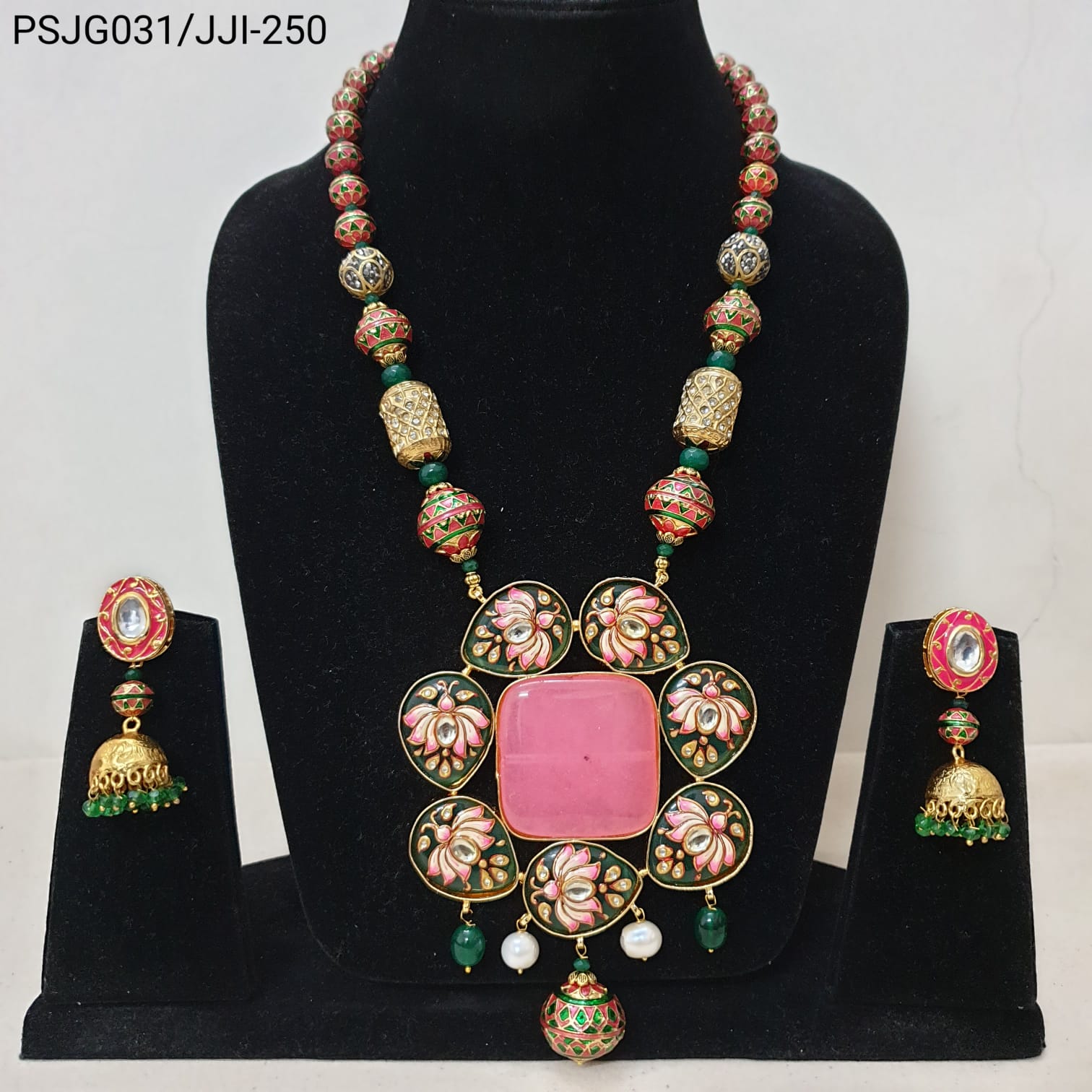 Designer Pink Meenakari Pendant Set With Earrings