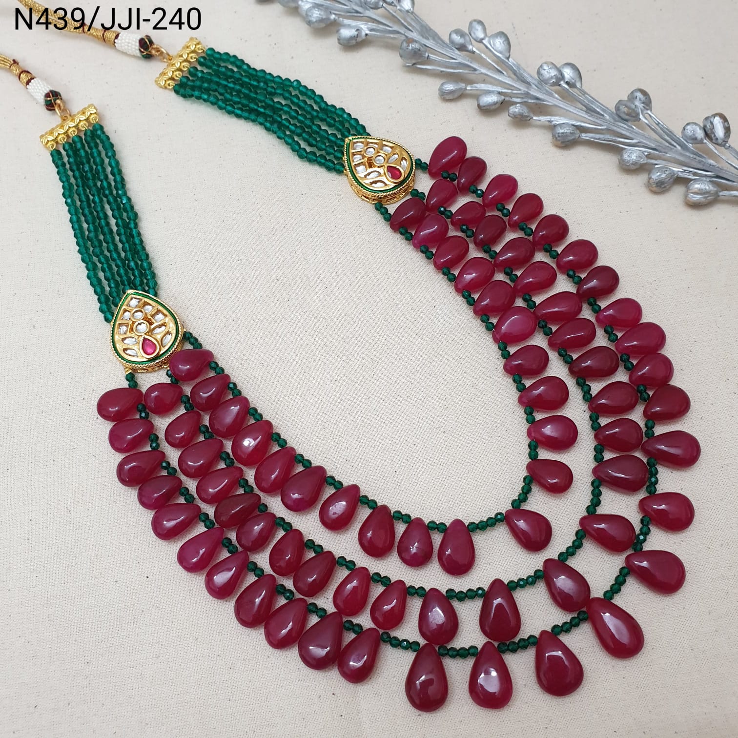 Red Drop Green Beaded Long Necklace