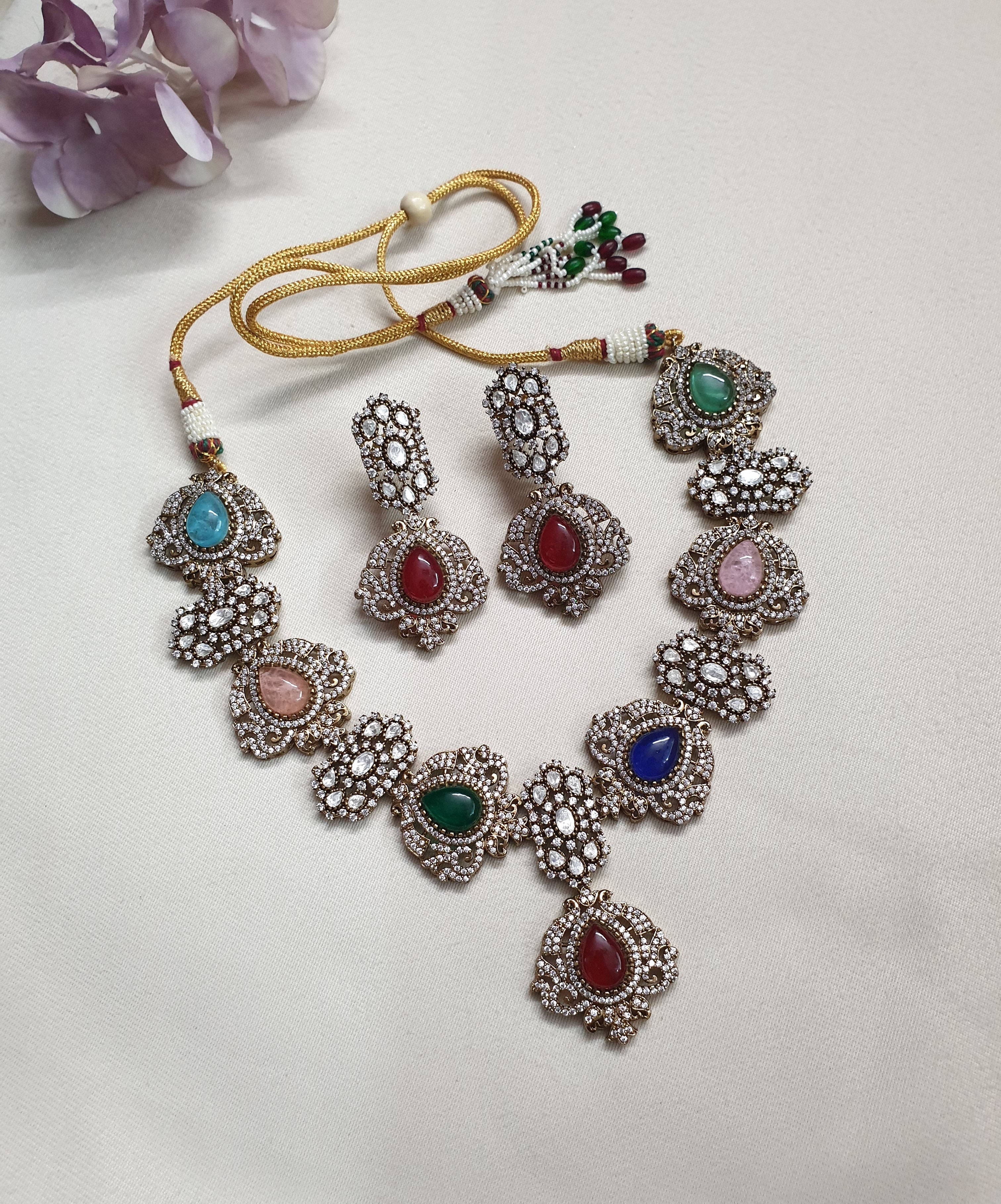 Multicolor AD Polki Necklace Set With Earrings