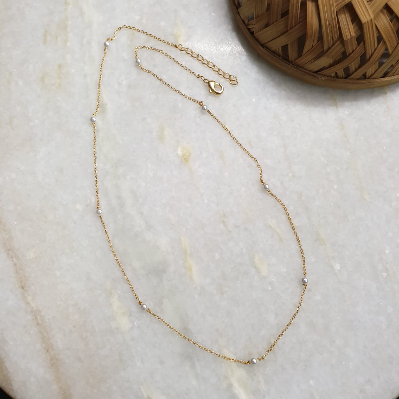 Gold Tone Dainty Pearl Chain Necklace
