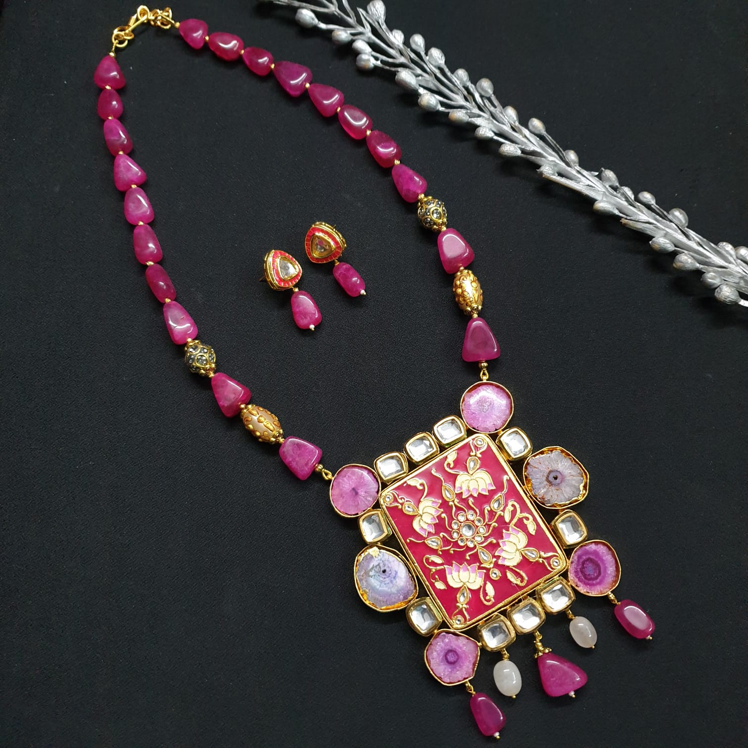 Pink Meenakari Stone Beaded Fusion Set With Earrings