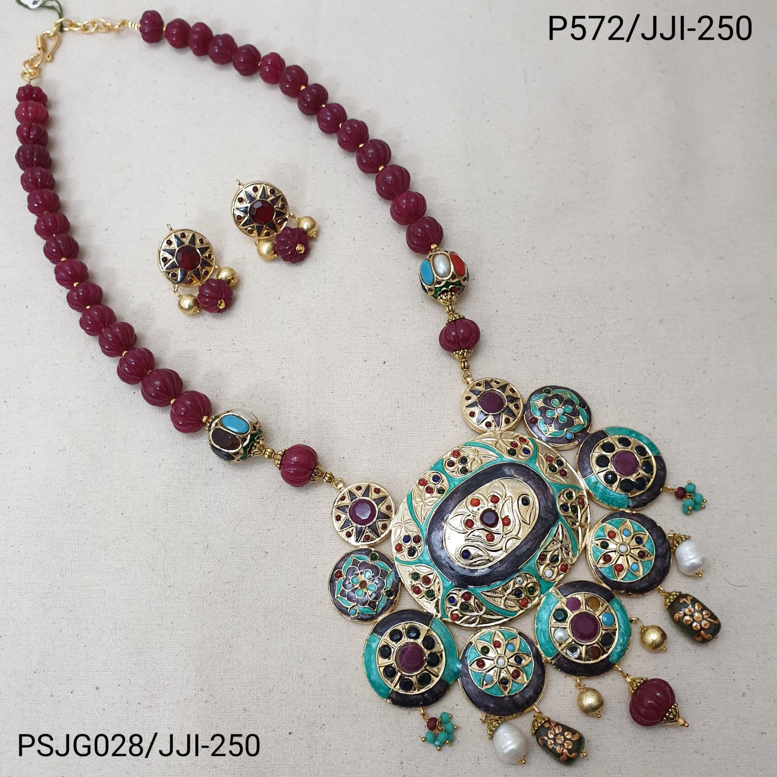 Jadau Work With Pumpkin Beads Pendant Set